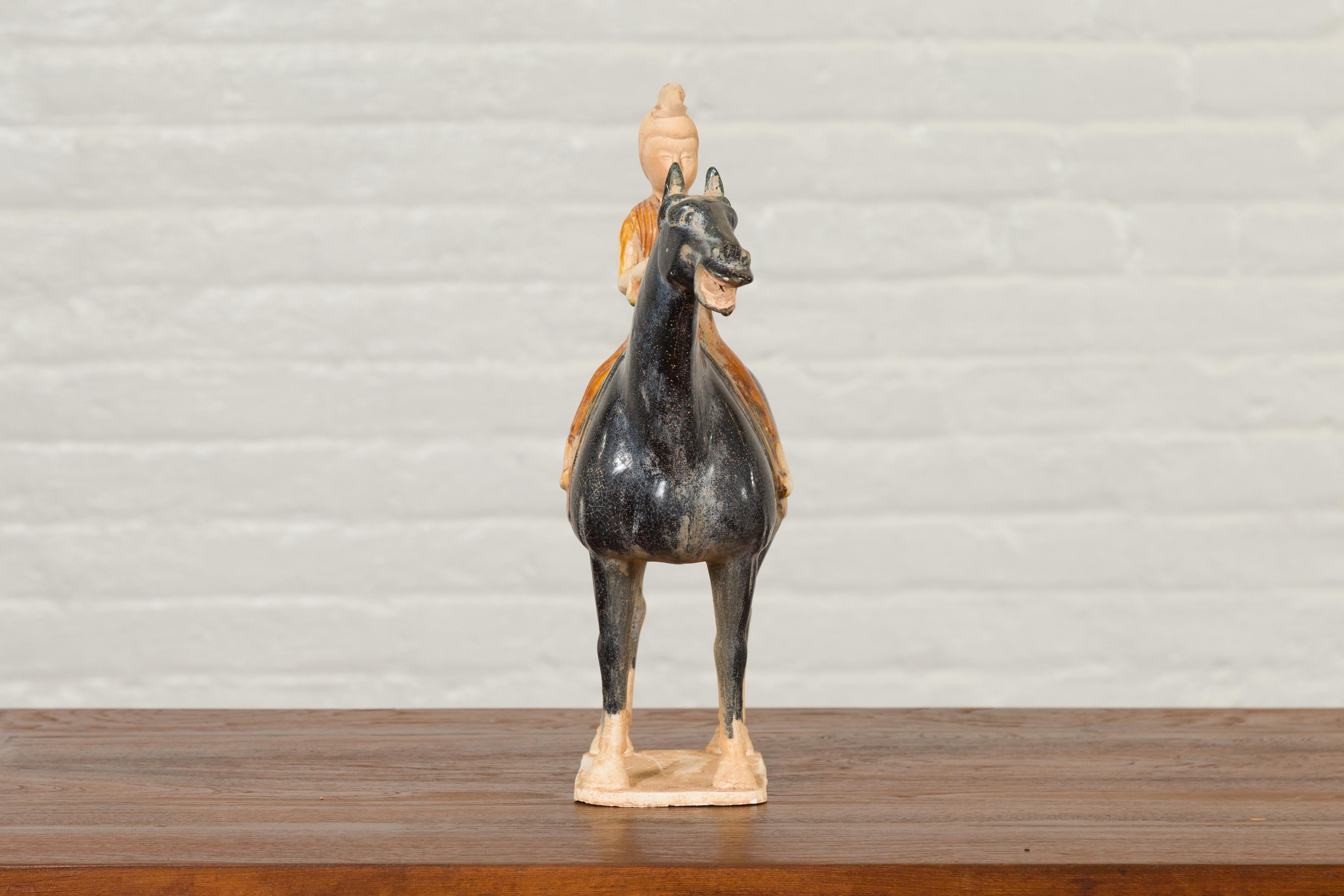 20th Century Chinese Ming Design Glazed Terracotta Horse and Rider Sculpture on Base