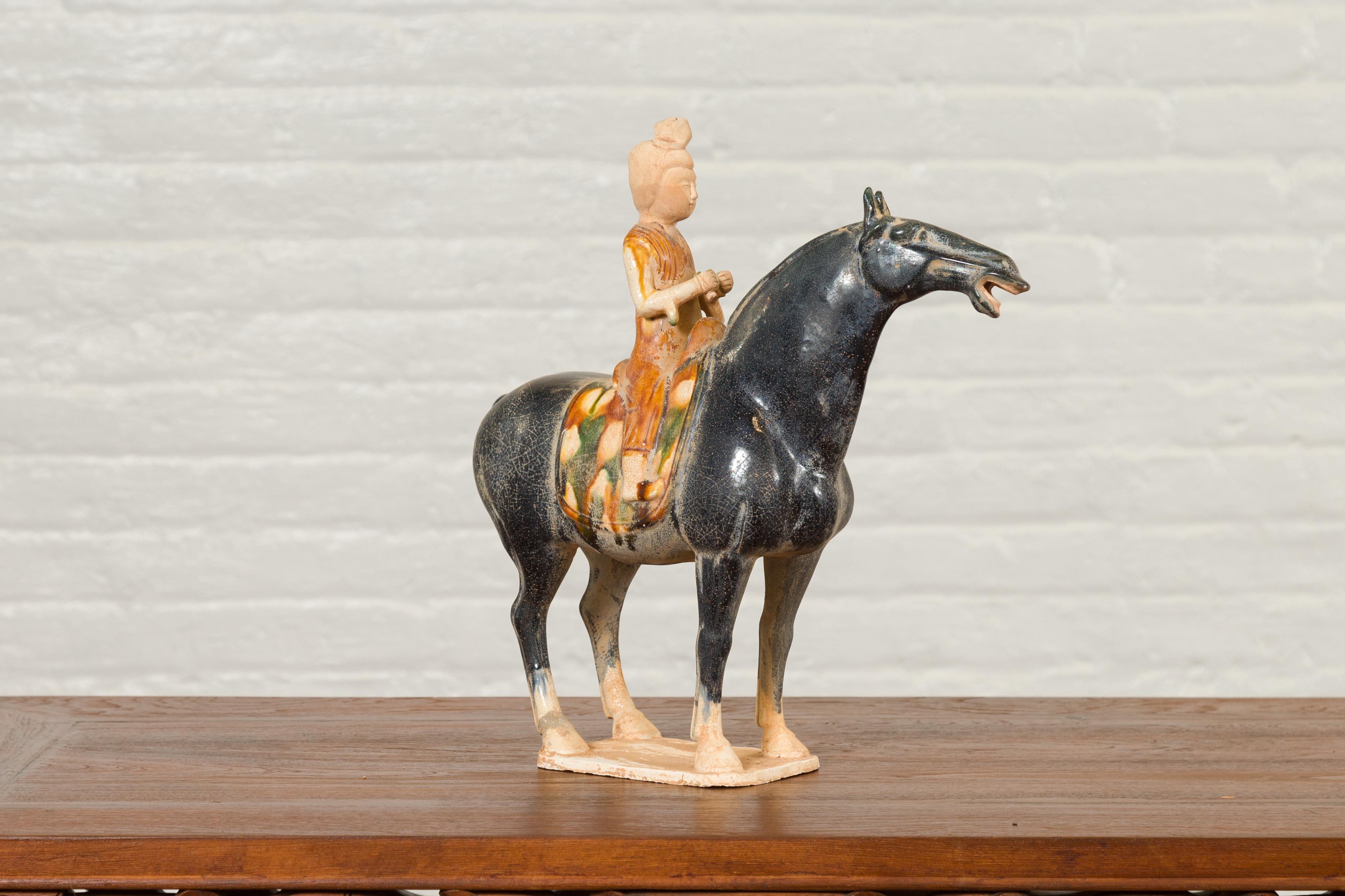 Chinese Ming Design Glazed Terracotta Horse and Rider Sculpture on Base 1