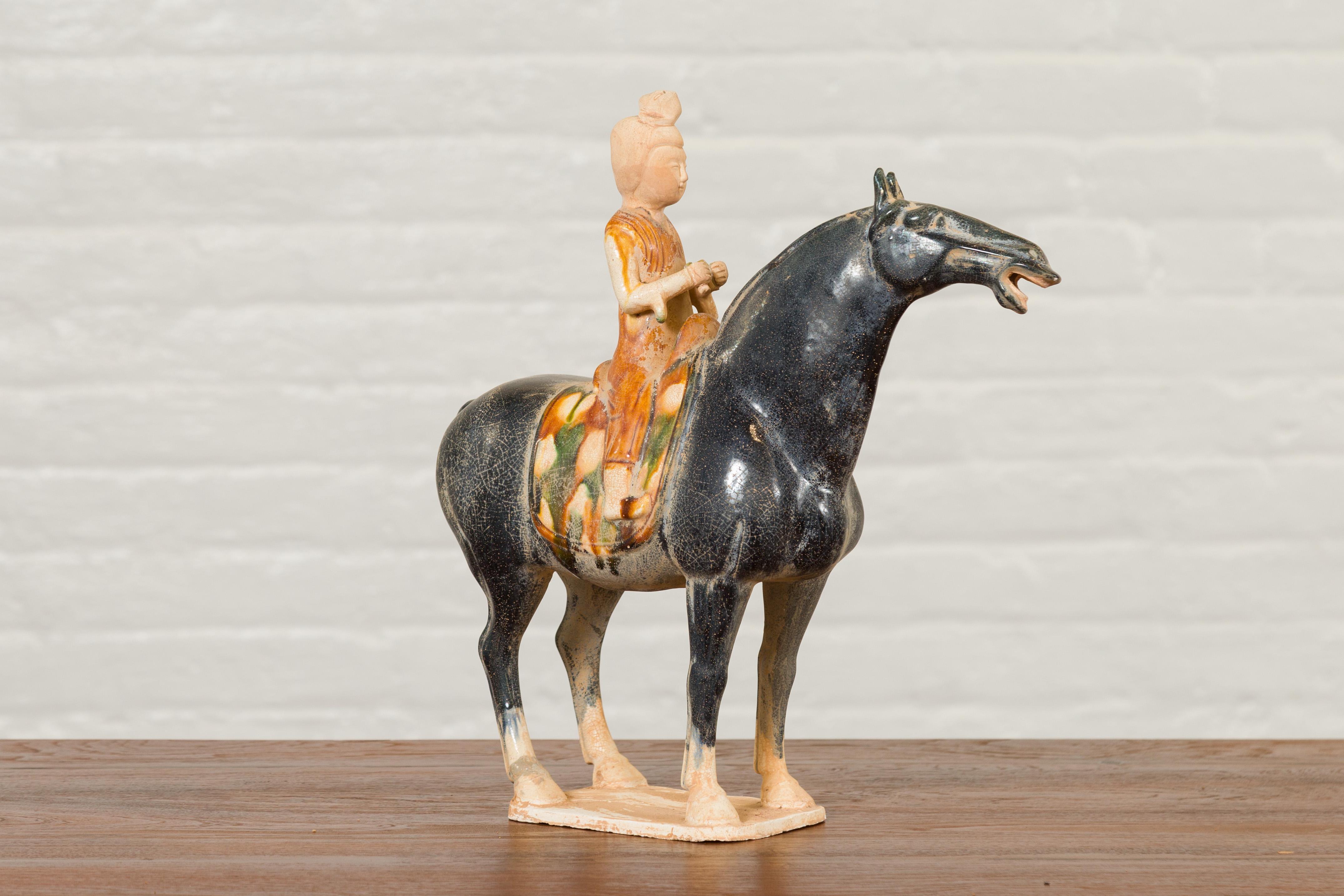 Chinese Ming Design Glazed Terracotta Horse and Rider Sculpture on Base 3