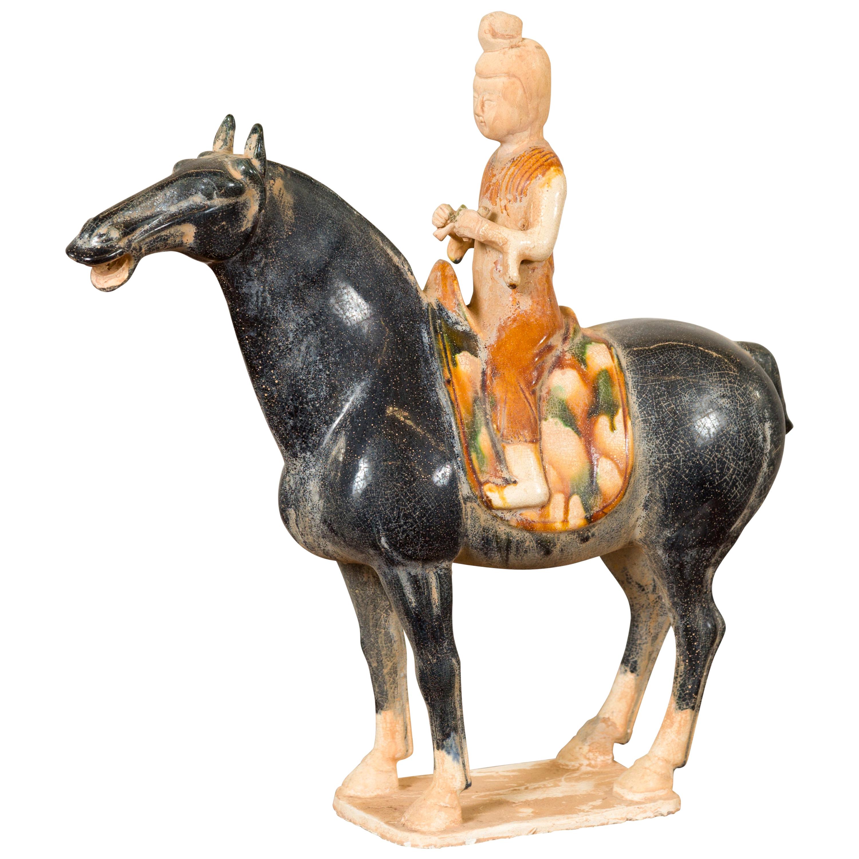 Chinese Ming Design Glazed Terracotta Horse and Rider Sculpture on Base