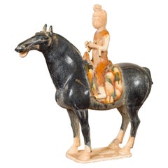 Chinese Ming Design Glazed Terracotta Horse and Rider Sculpture on Base