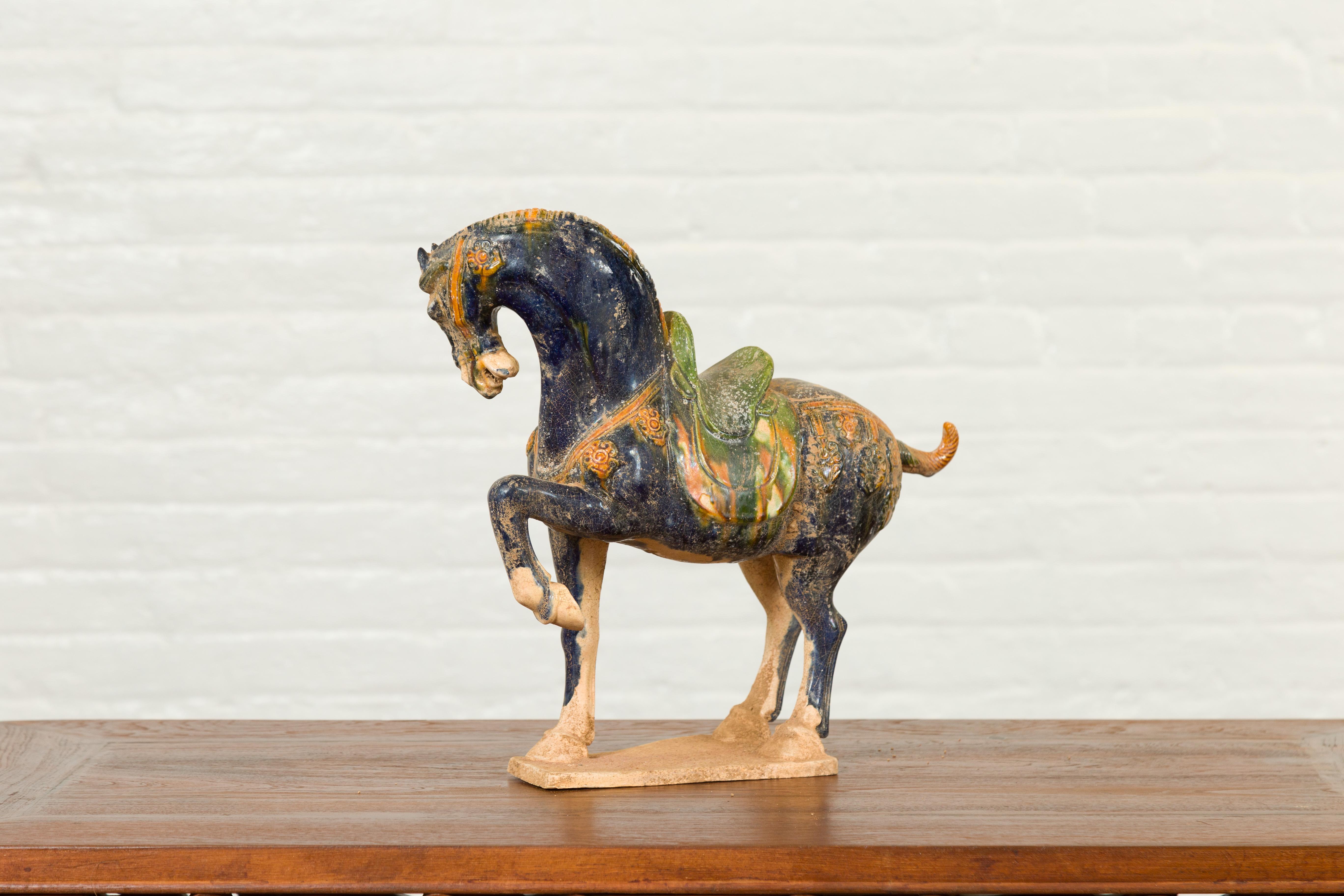 Chinese Ming Design Glazed Terracotta Tricolor Prancing Horse Sculpture on Base 4