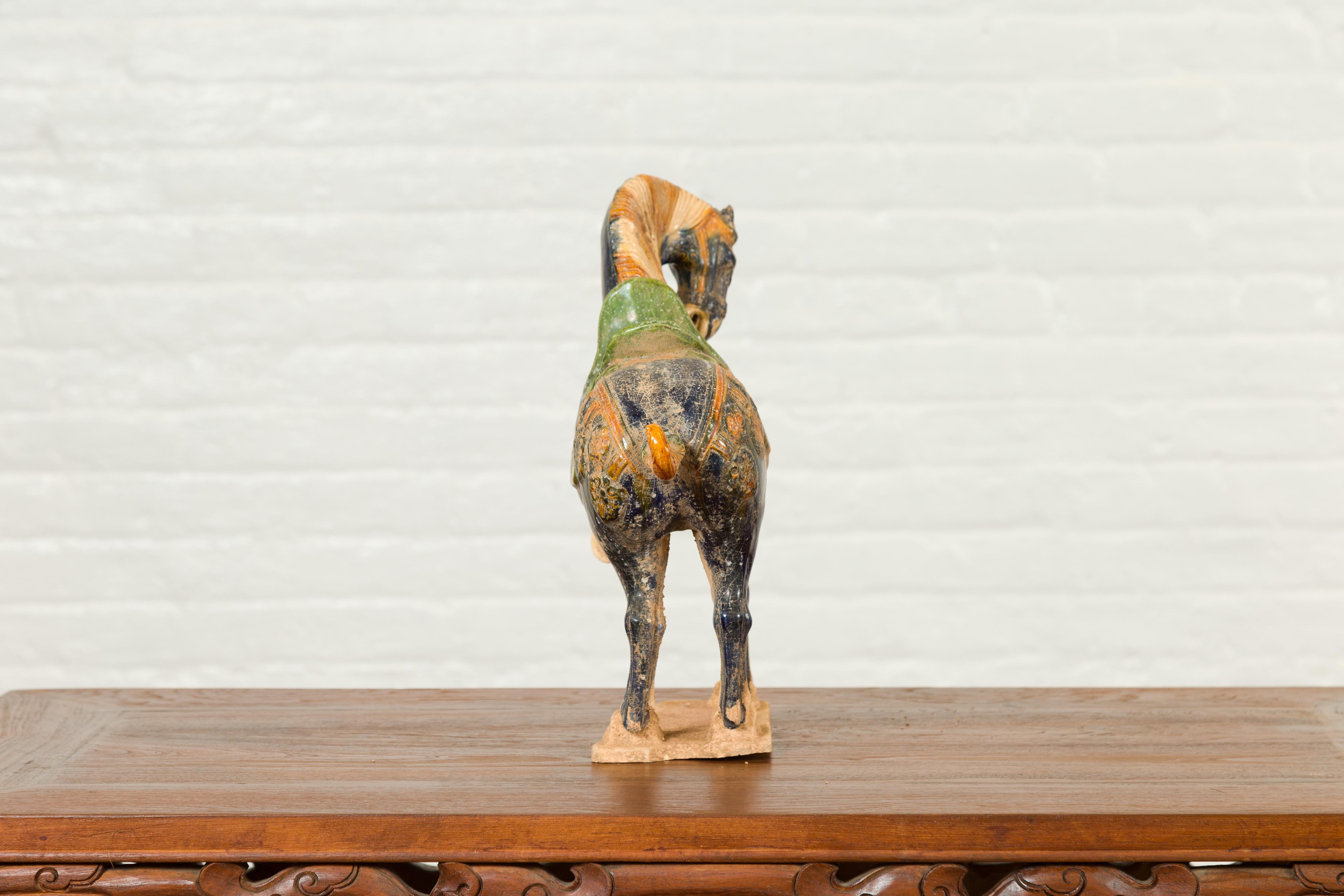 Chinese Ming Design Glazed Terracotta Tricolor Prancing Horse Sculpture on Base 6