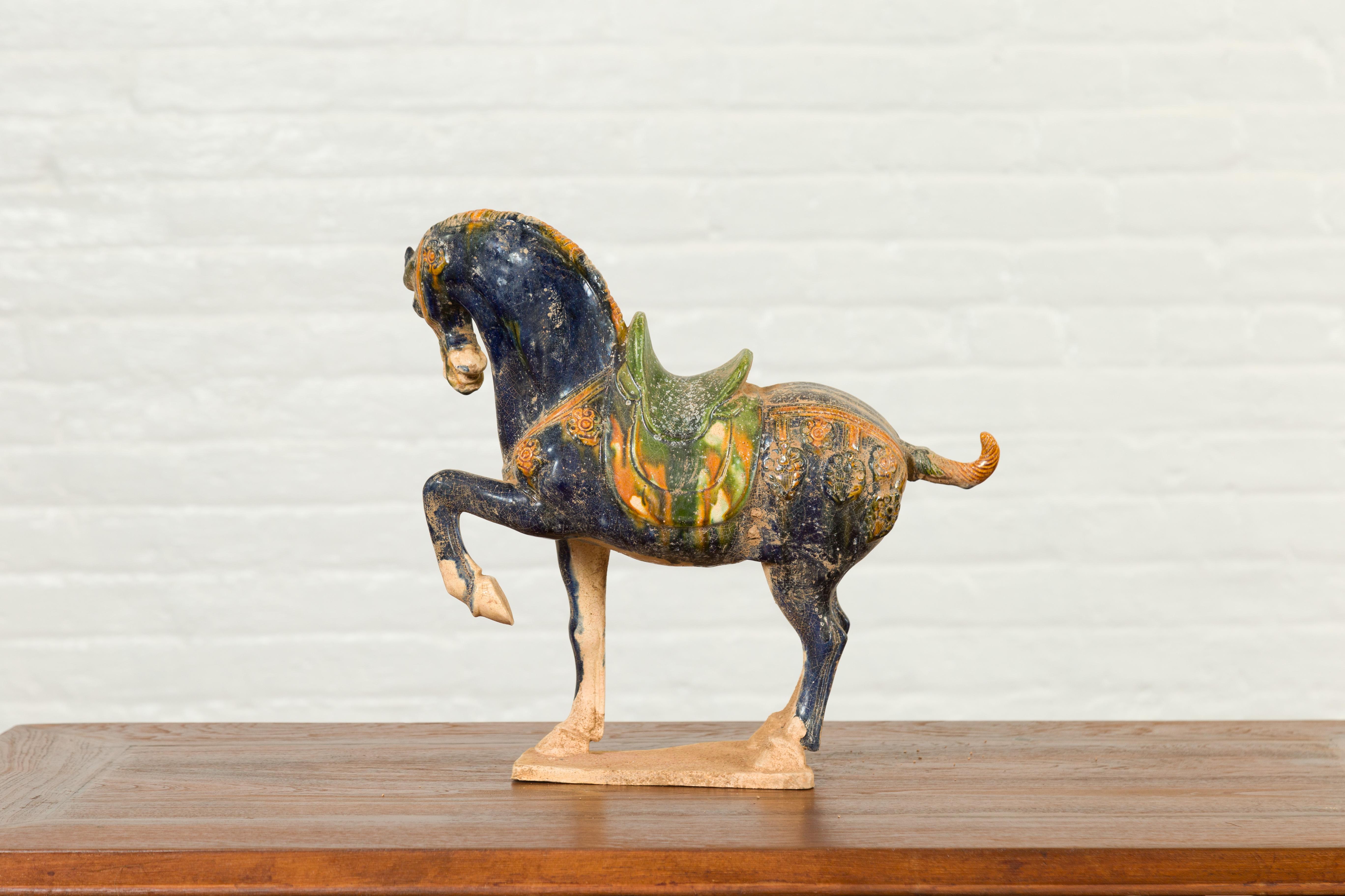 Chinese Ming Design Glazed Terracotta Tricolor Prancing Horse Sculpture on Base For Sale 5