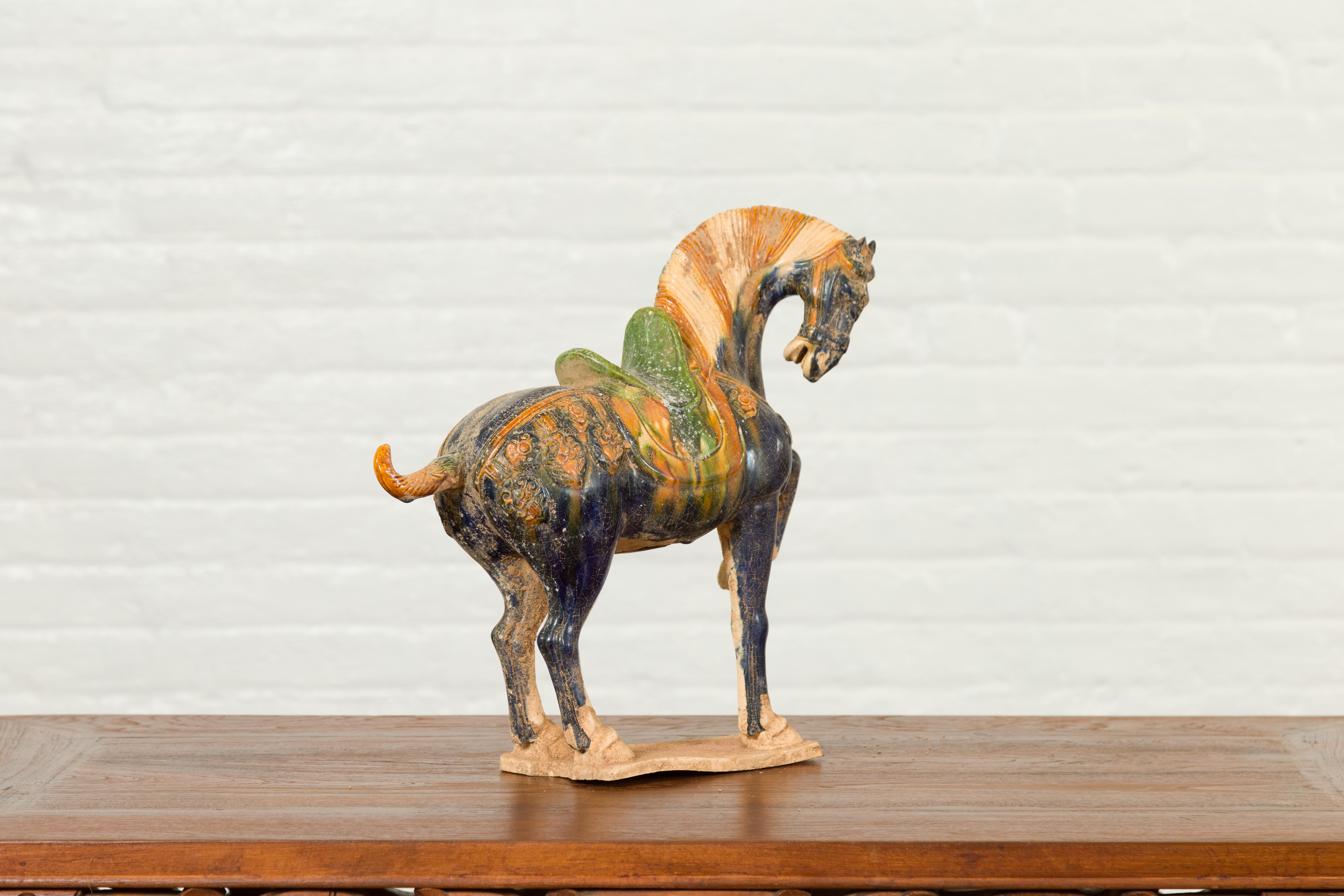 Chinese Ming Design Glazed Terracotta Tricolor Prancing Horse Sculpture on Base 7