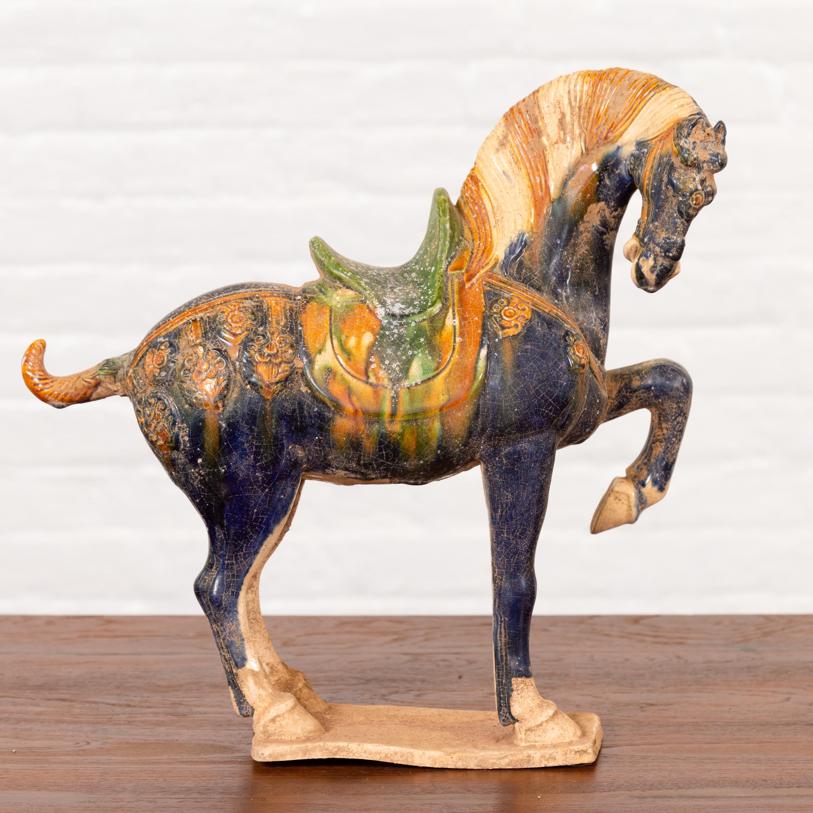 Chinese Ming Design Glazed Terracotta Tricolor Prancing Horse Sculpture on Base In Good Condition In Yonkers, NY