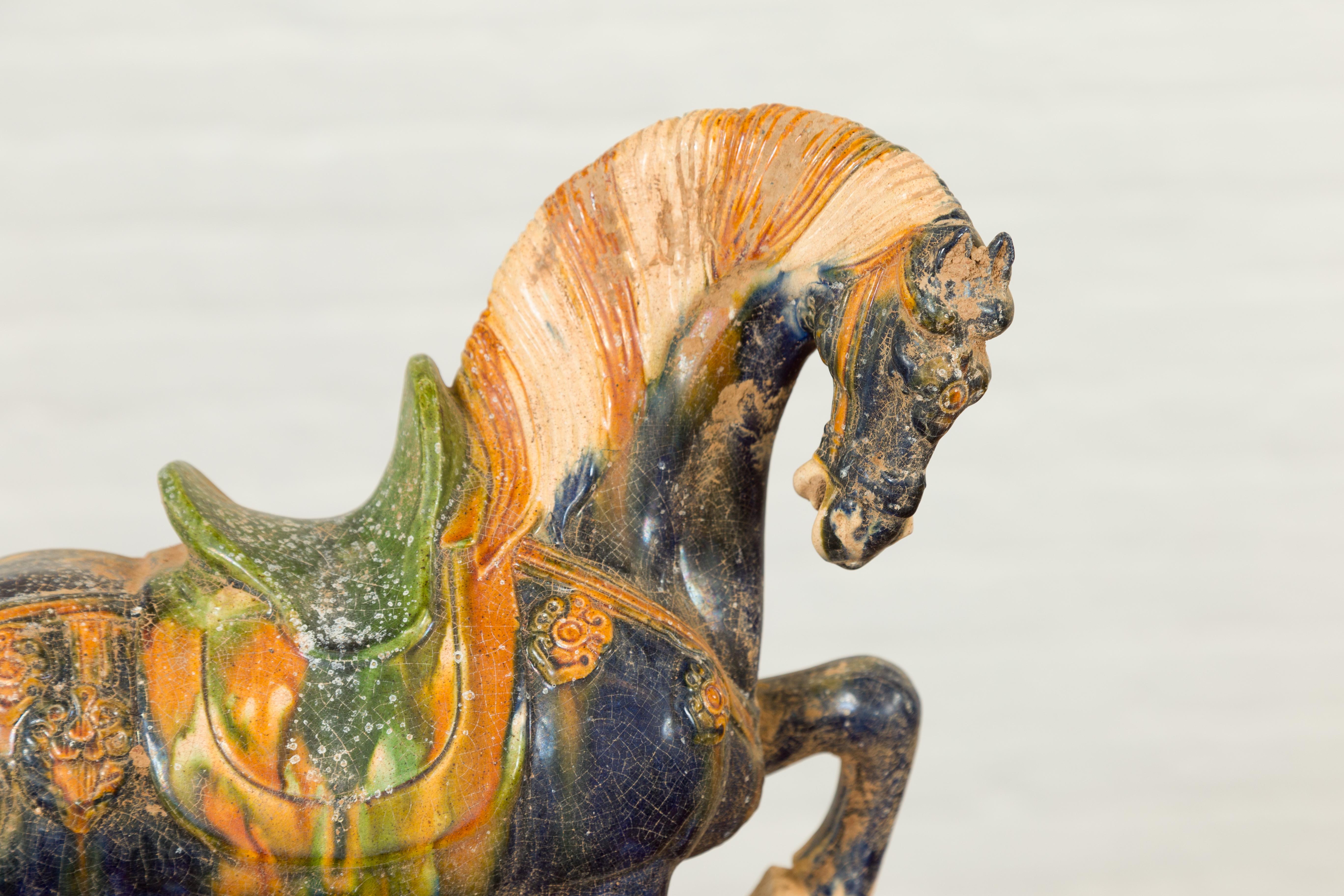 20th Century Chinese Ming Design Glazed Terracotta Tricolor Prancing Horse Sculpture on Base