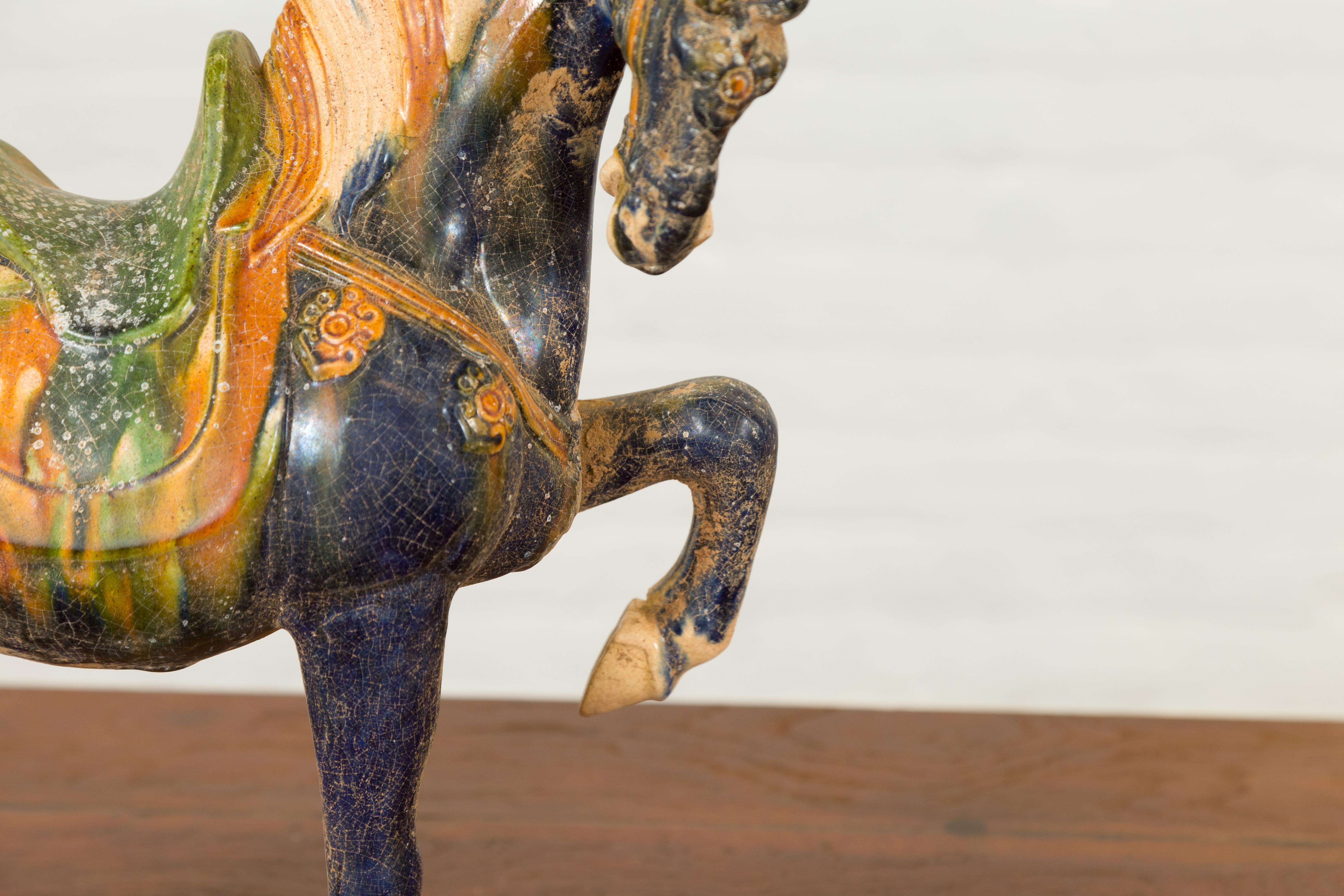 Chinese Ming Design Glazed Terracotta Tricolor Prancing Horse Sculpture on Base 1