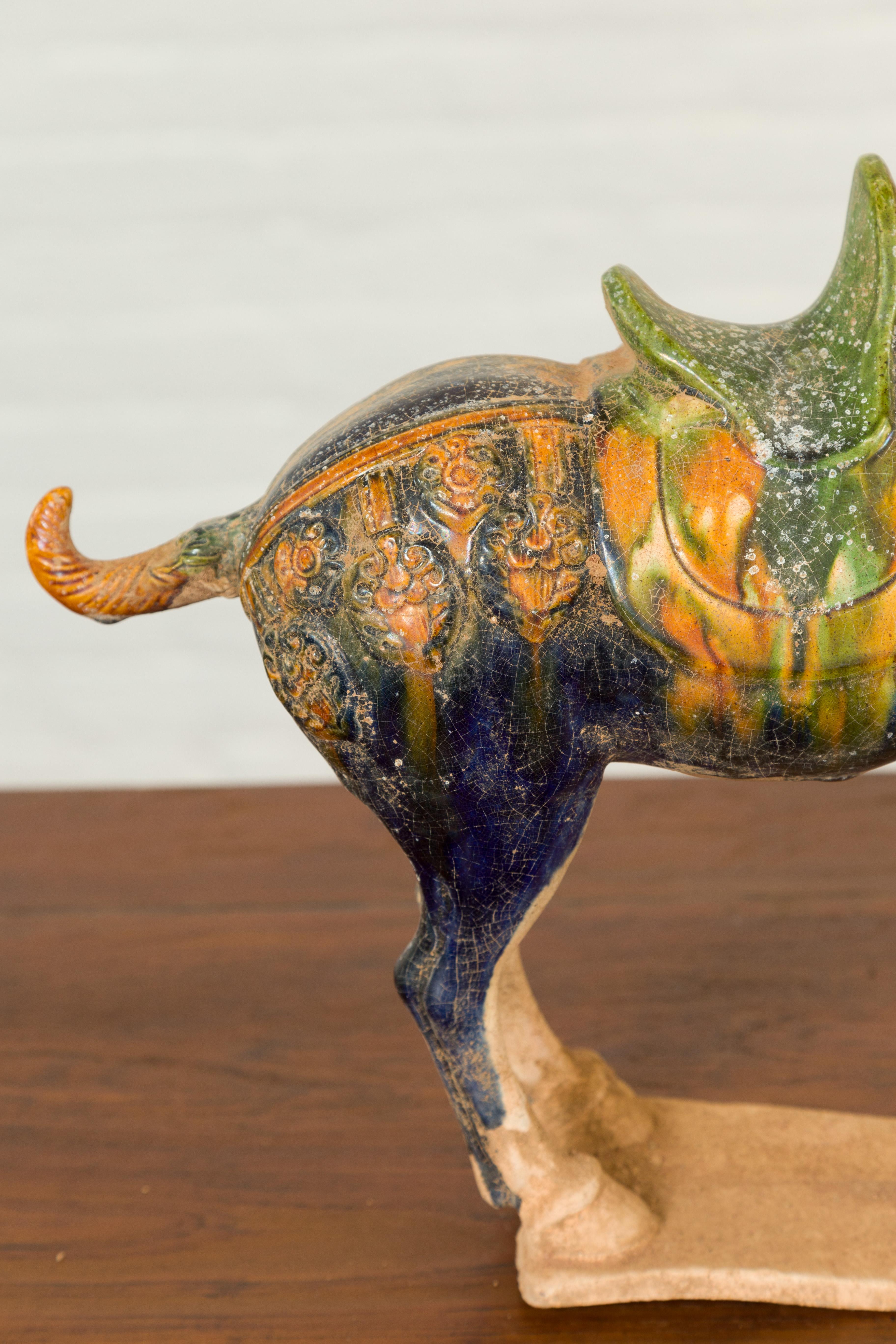 20th Century Chinese Ming Design Glazed Terracotta Tricolor Prancing Horse Sculpture on Base For Sale