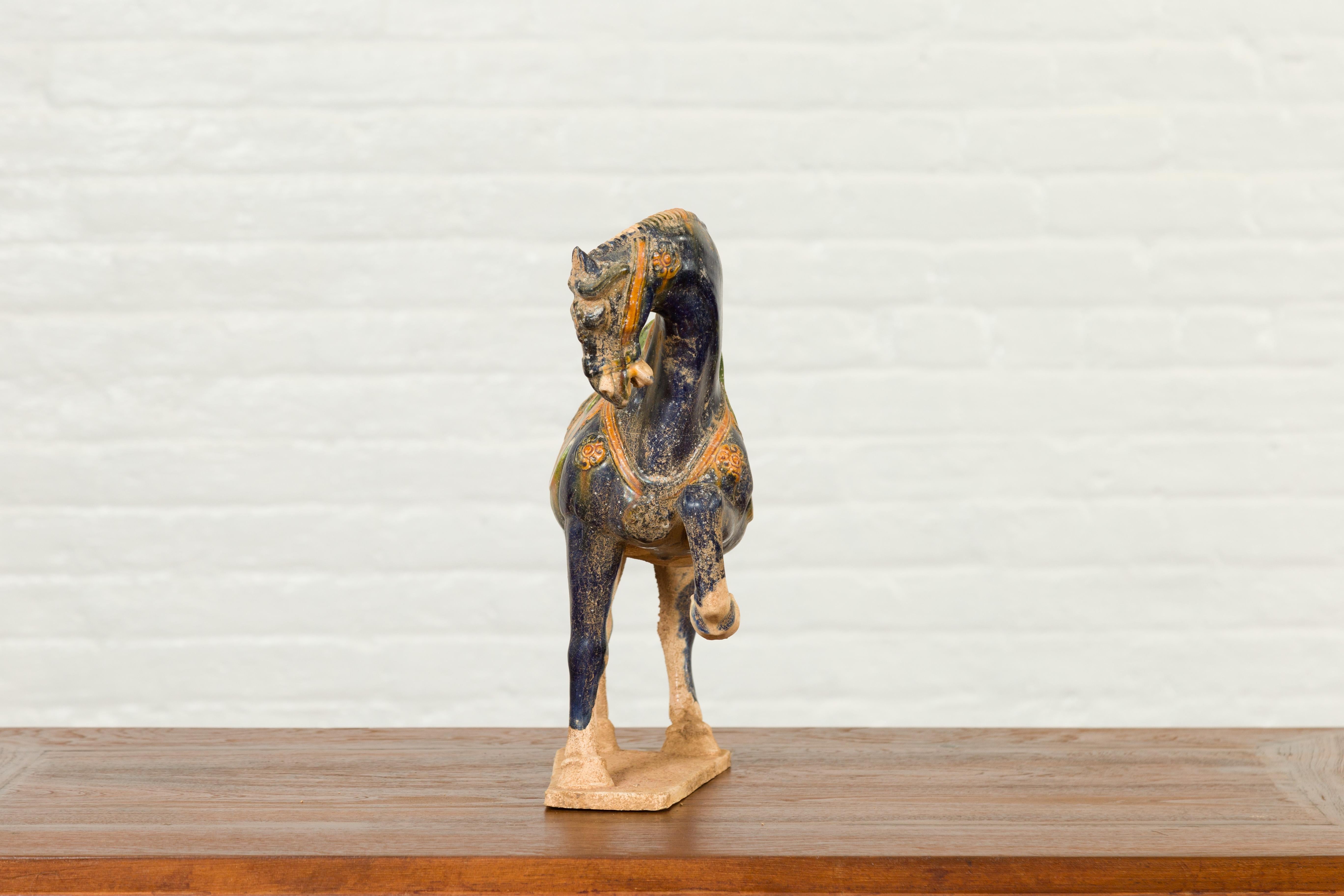 Chinese Ming Design Glazed Terracotta Tricolor Prancing Horse Sculpture on Base 3