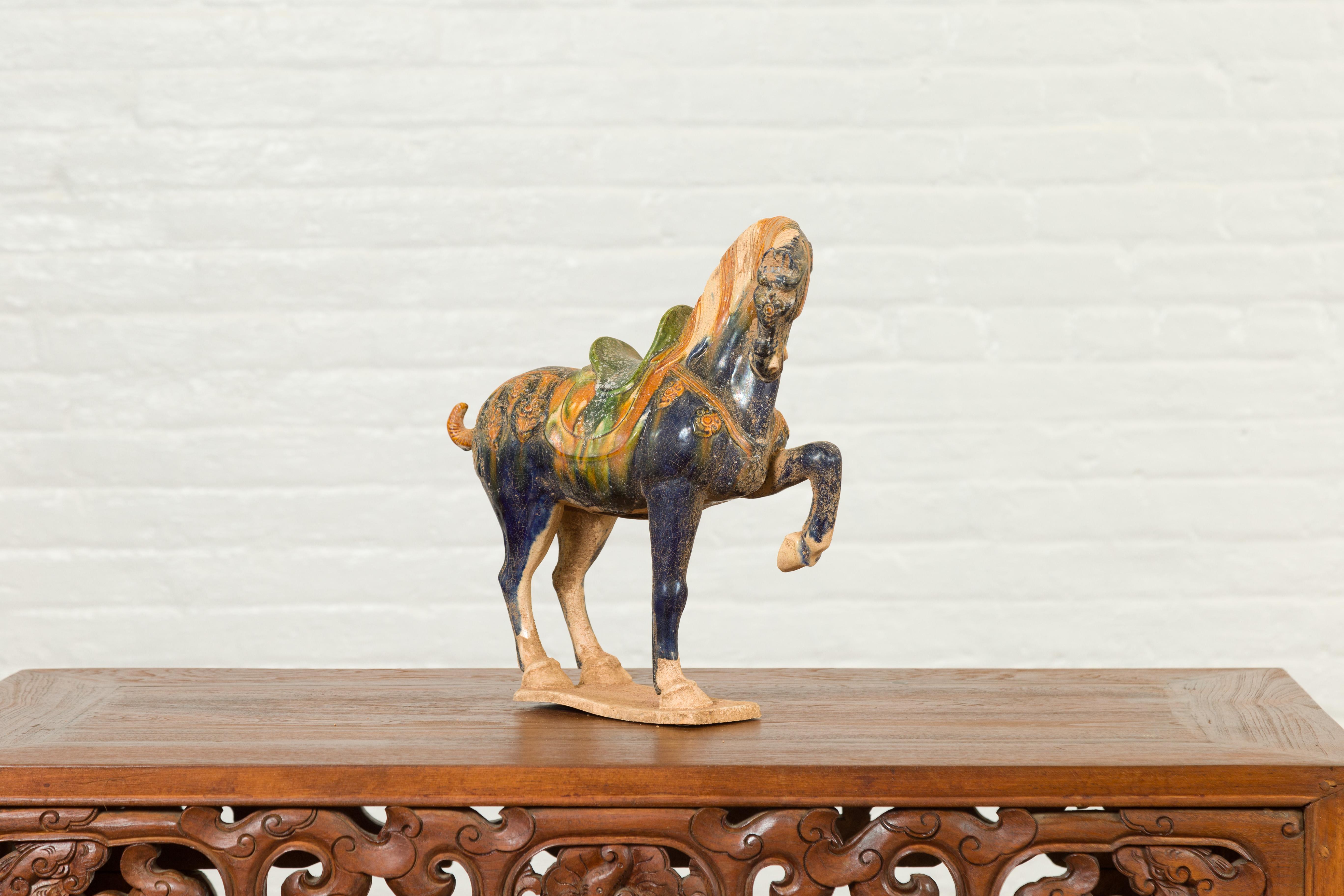 Chinese Ming Design Glazed Terracotta Tricolor Prancing Horse Sculpture on Base For Sale 2