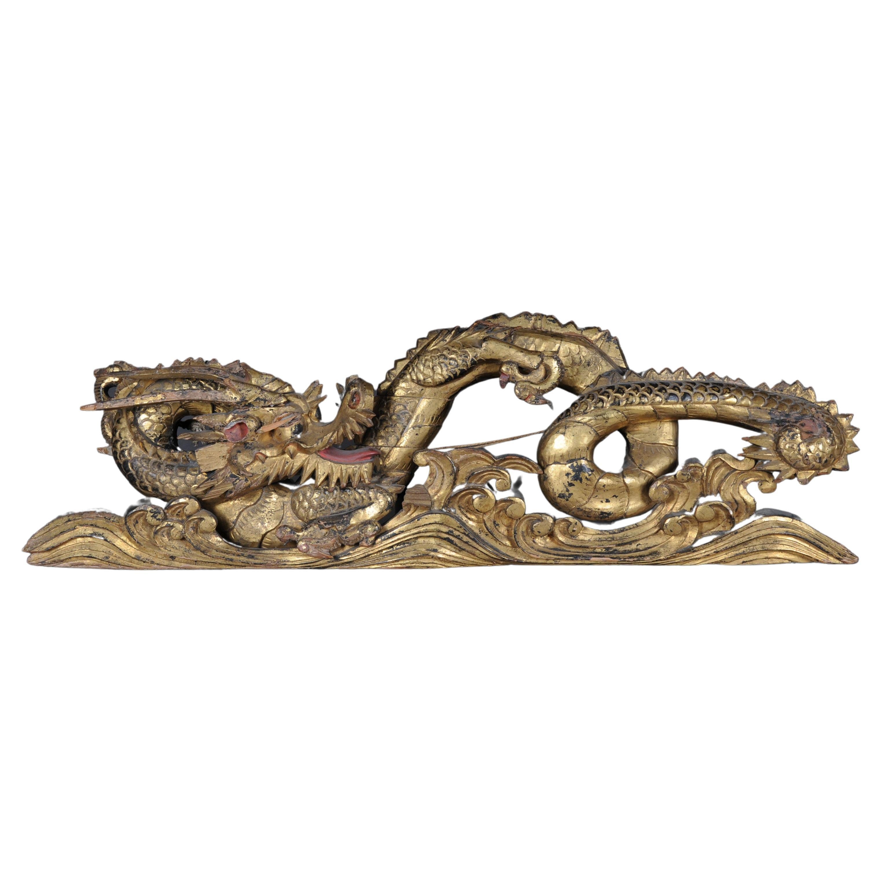 Chinesischer Ming-D Drache, Wanddekoration/Supraporte, vergoldetes Holz