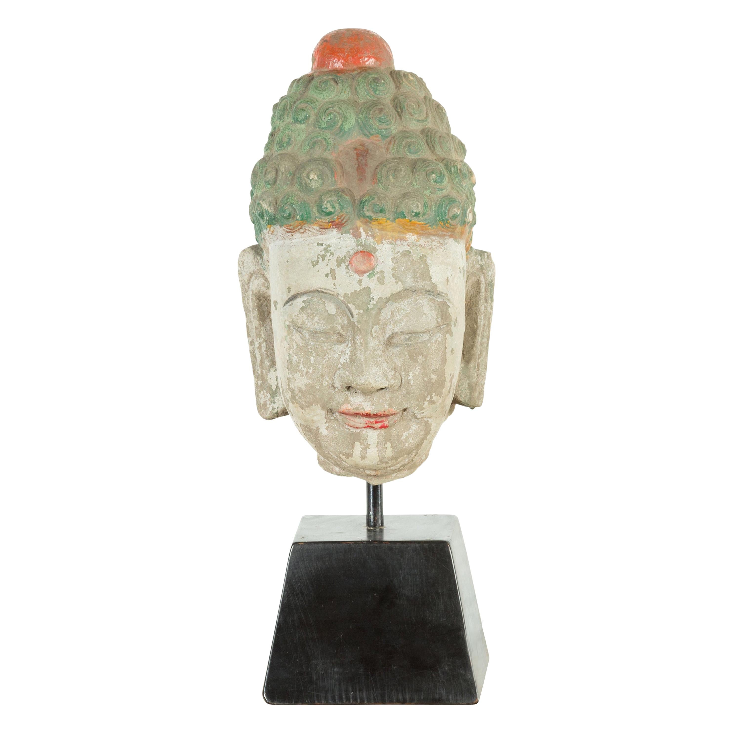 Chinese Ming Dynasty Style Carved and Painted Stone Buddha Head