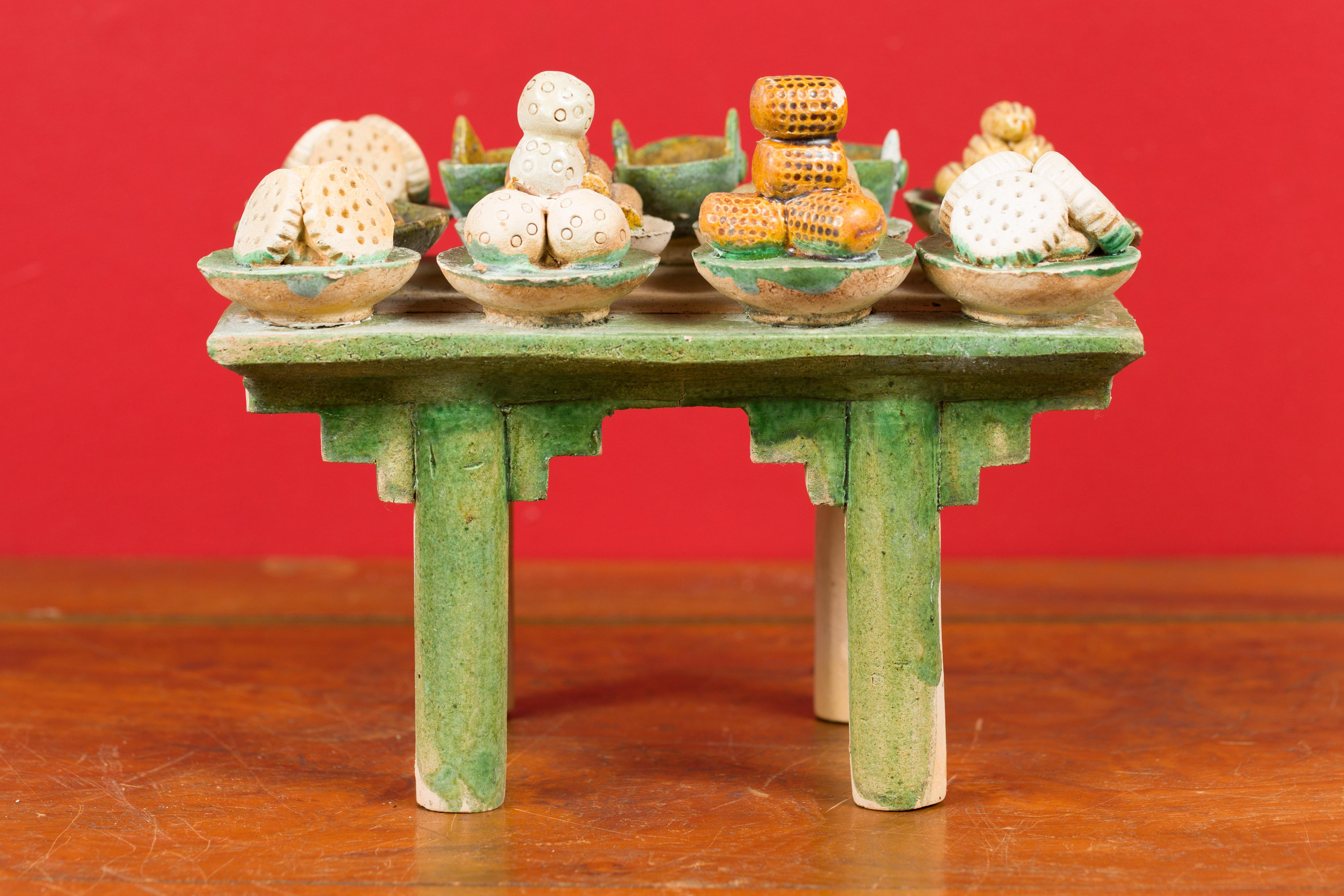 Chinese Ming Dynasty 15th-16th Century Glazed Terracotta Funeral Table with Food Mingqi For Sale