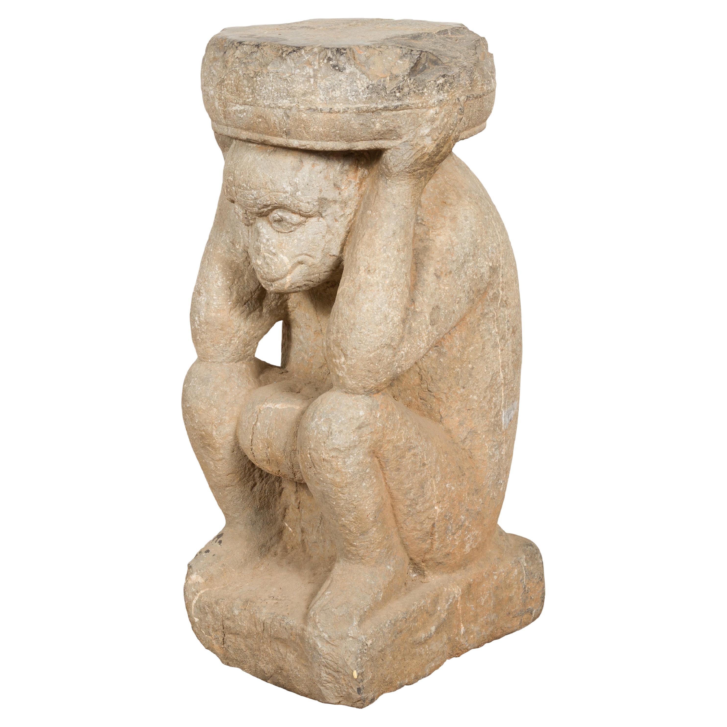 Chinese Ming Dynasty 17th Century Hand Carved Stone Monkey Temple Sculpture For Sale