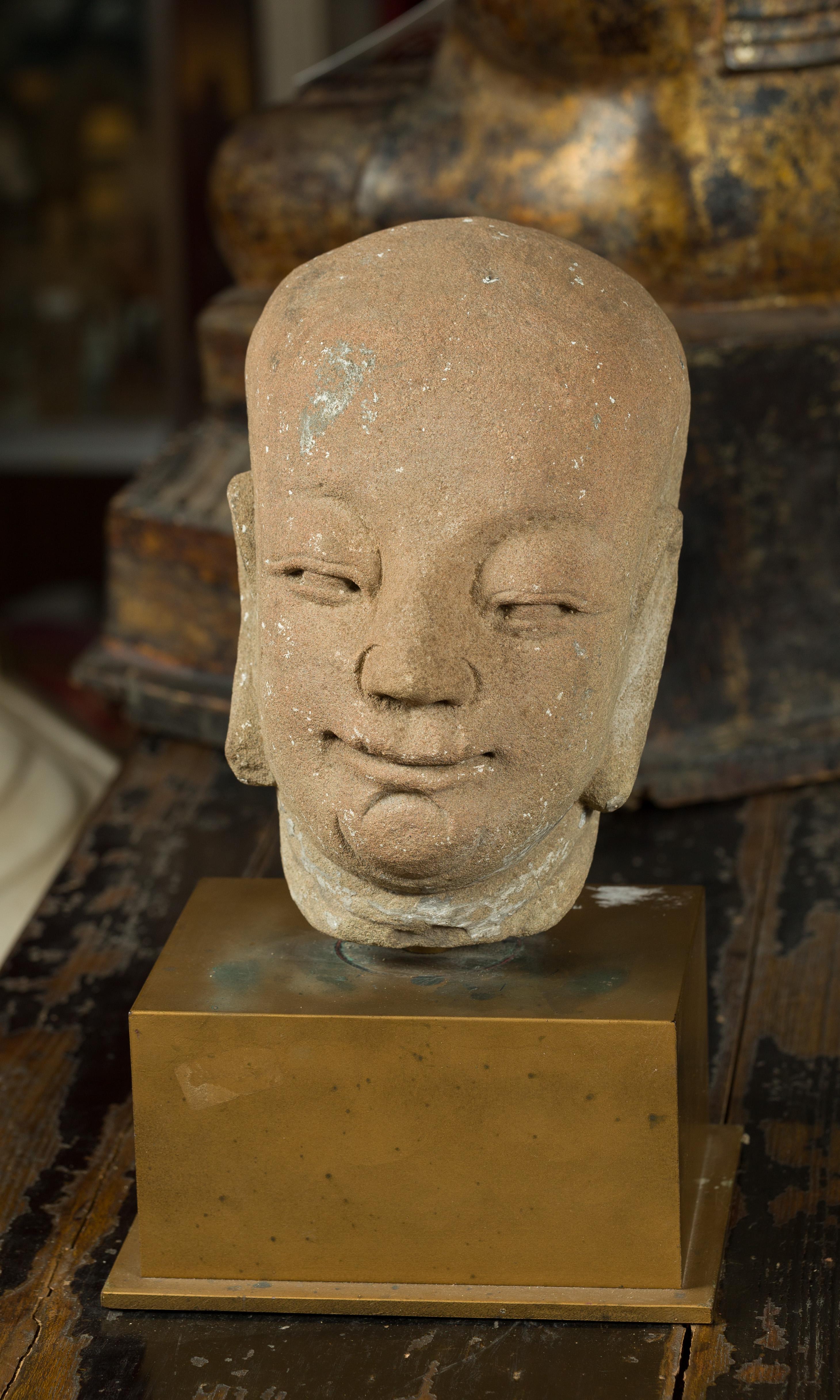 Hand-Carved Chinese Ming Dynasty 18th Century Hand Carved Stone Head of a Buddhist Monk