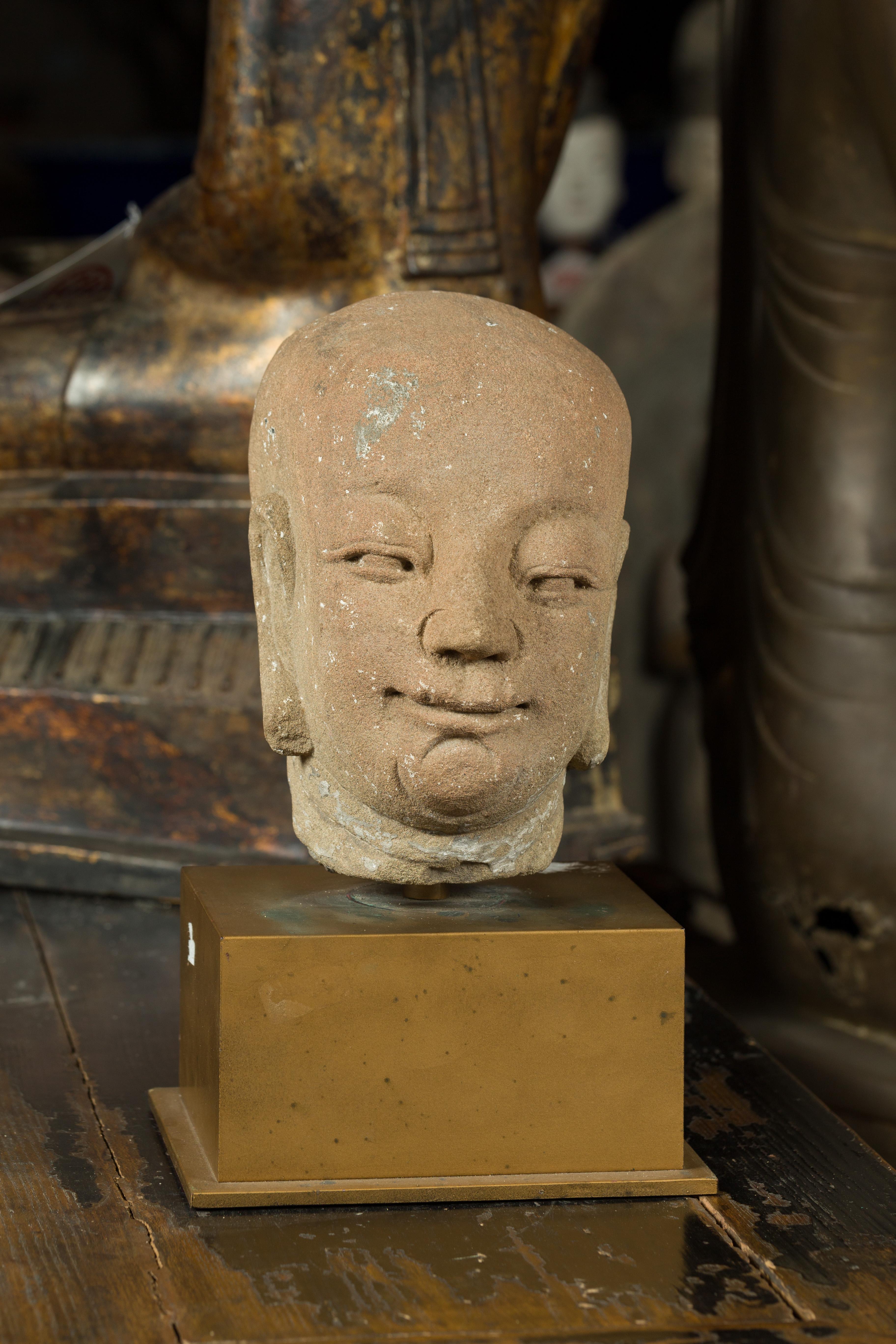 Chinese Ming Dynasty 18th Century Hand Carved Stone Head of a Buddhist Monk In Good Condition In Yonkers, NY
