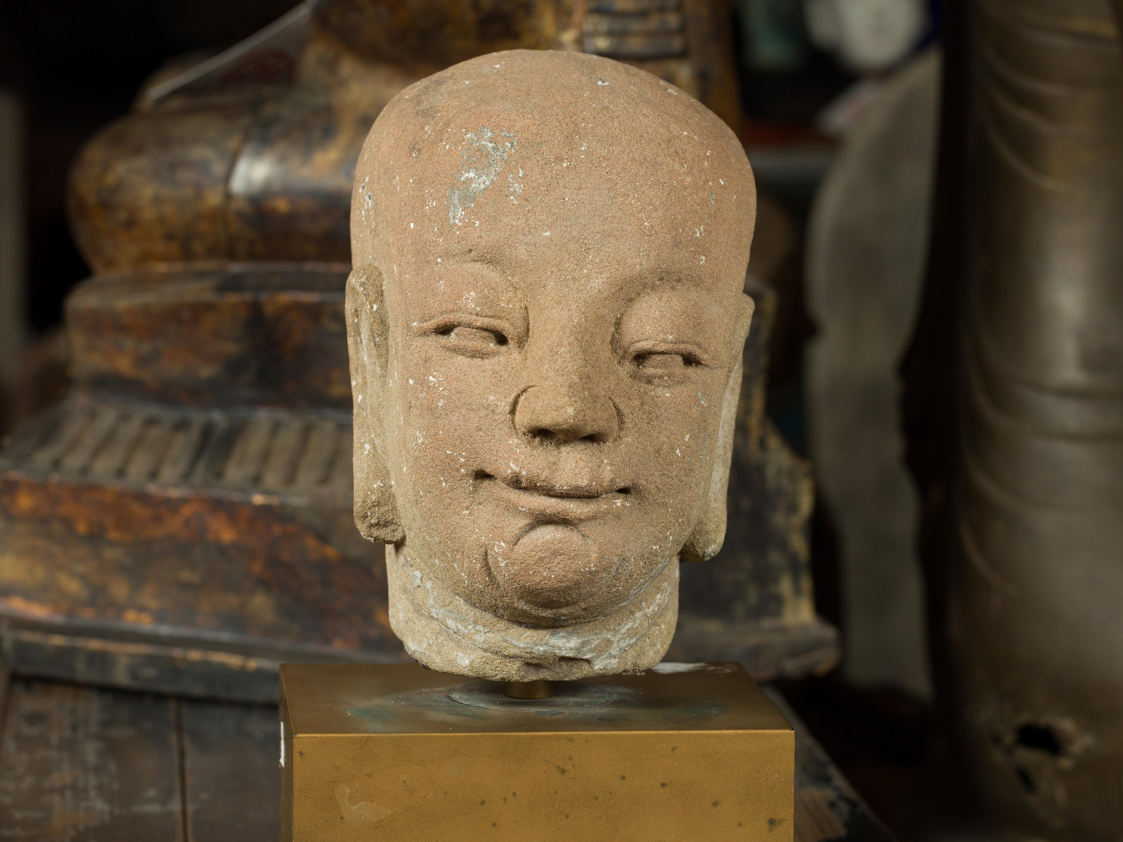 18th Century and Earlier Chinese Ming Dynasty 18th Century Hand Carved Stone Head of a Buddhist Monk