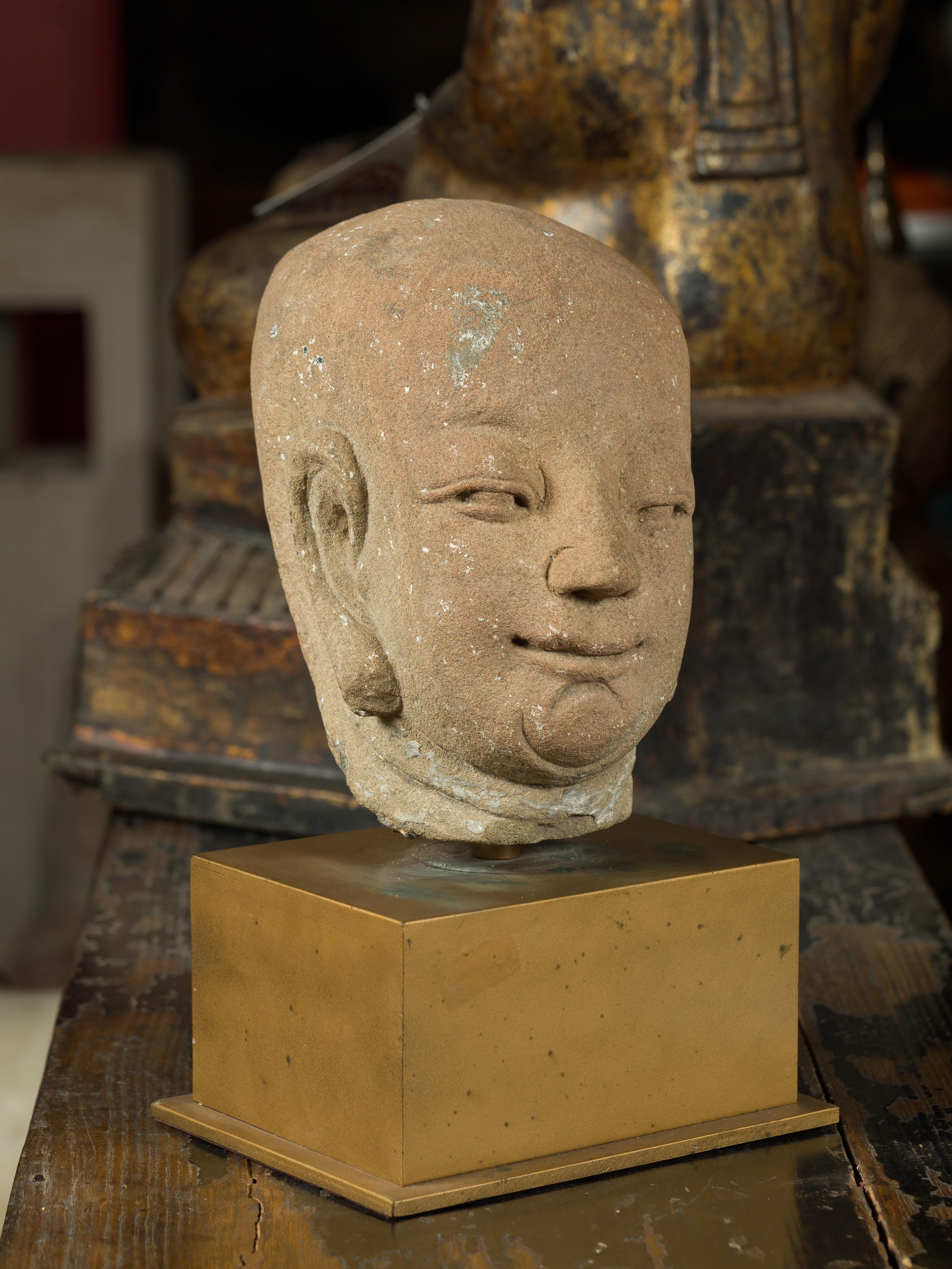 Bronze Chinese Ming Dynasty 18th Century Hand Carved Stone Head of a Buddhist Monk