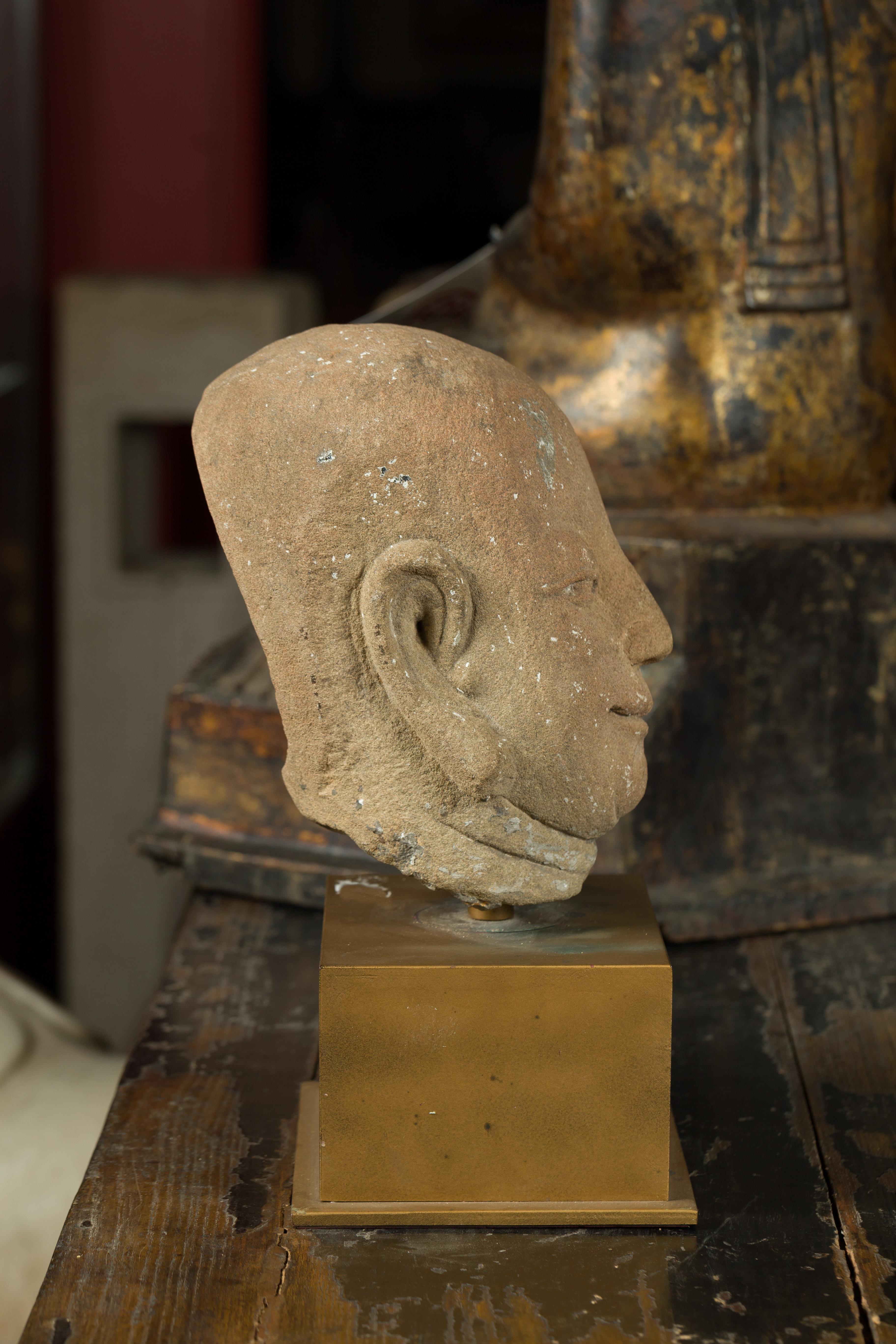 Chinese Ming Dynasty 18th Century Hand Carved Stone Head of a Buddhist Monk 1