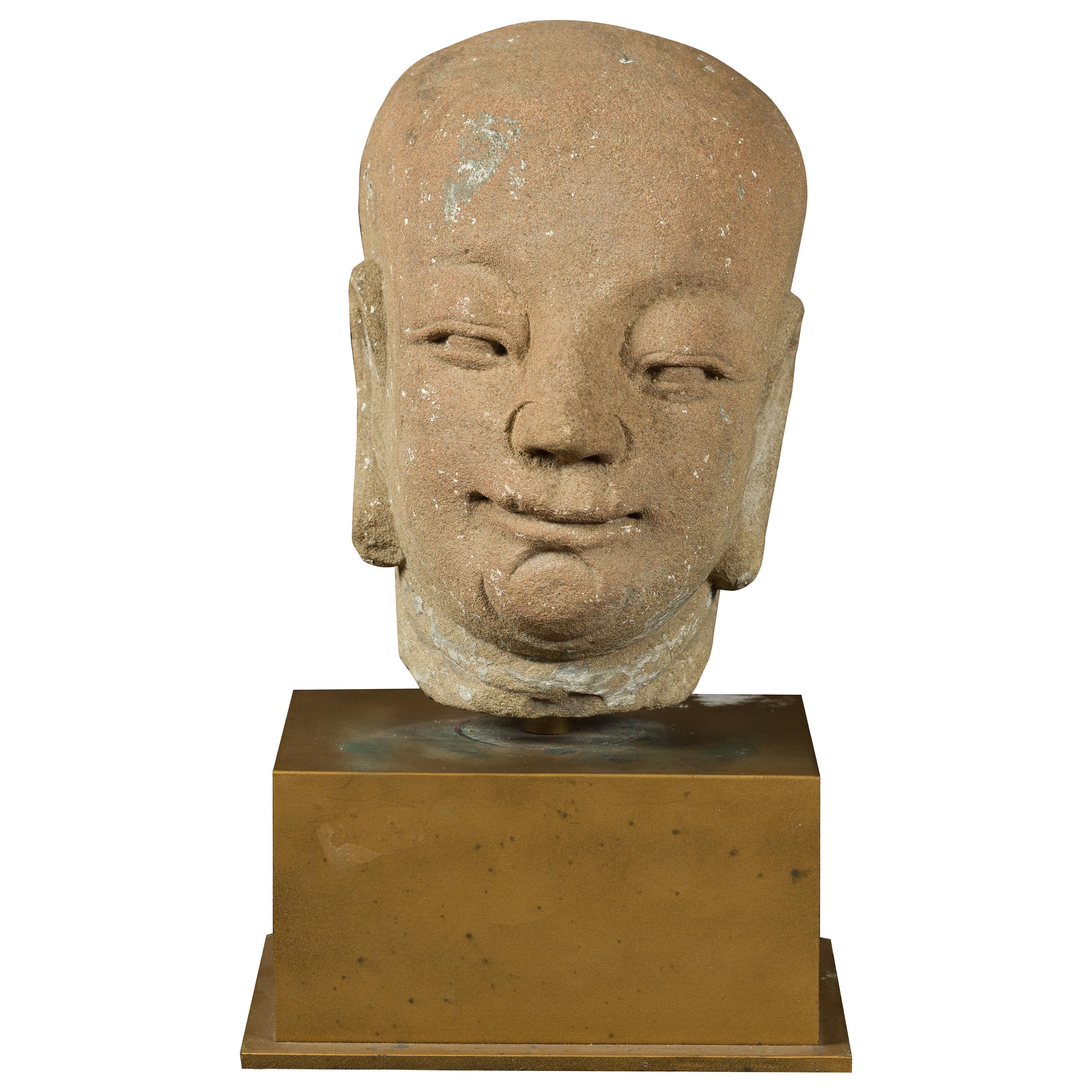 Chinese Ming Dynasty 18th Century Hand Carved Stone Head of a Buddhist Monk