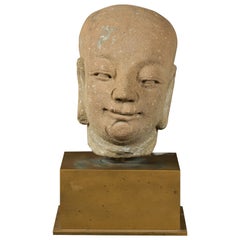 Chinese Ming Dynasty 18th Century Hand Carved Stone Head of a Buddhist Monk
