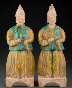 Chinese Ming Dynasty Antique Sancai Glazed Attendants Tomb Figure Pair