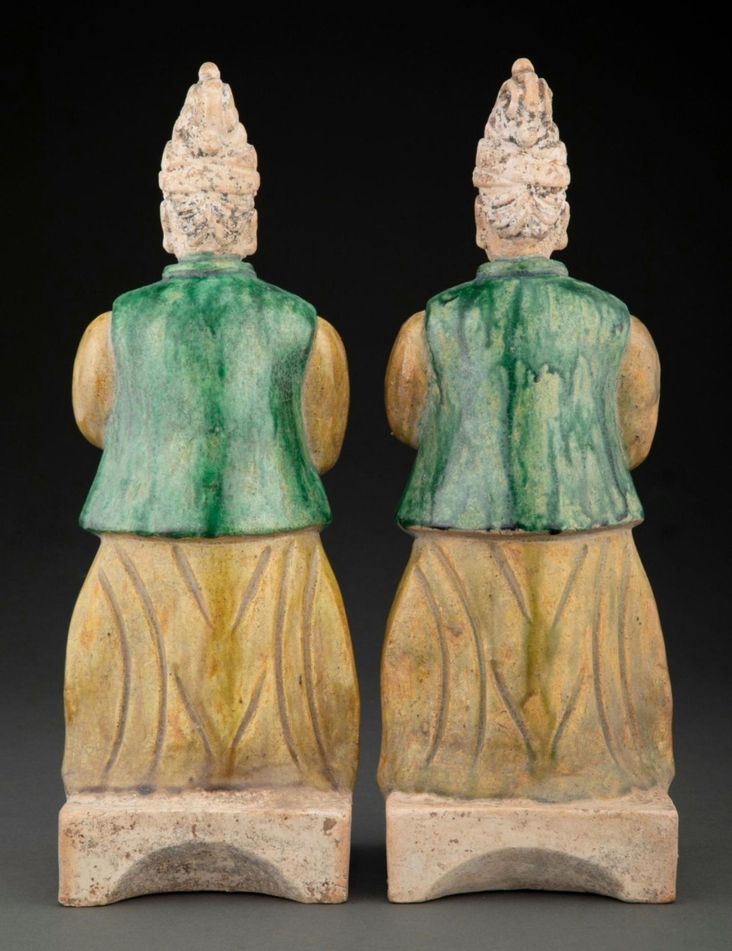Polychromed Chinese Ming Dynasty Antique Sancai Glazed Attendants Tomb Figure Pair For Sale
