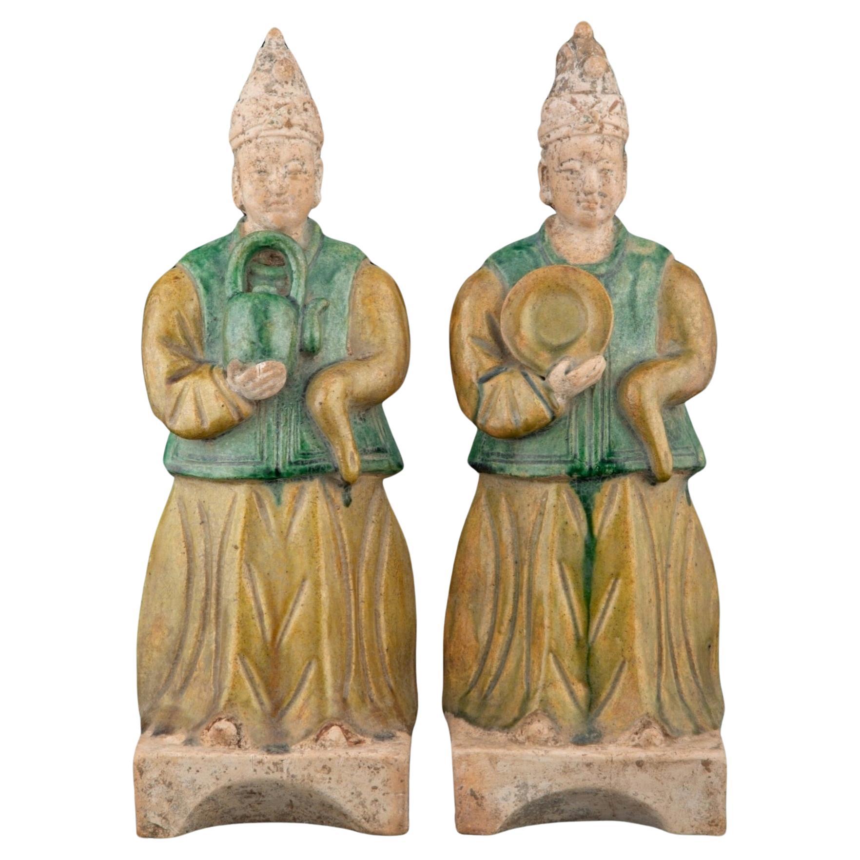 Chinesisch Ming Dynasty Antike Sancai glasiert Attendants Grab Figur Paar im Angebot