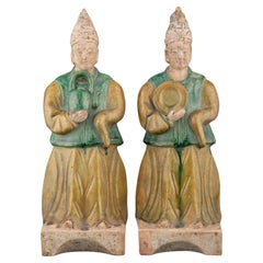 Chinese Ming Dynasty Antique Sancai Glazed Attendants Tomb Figure Pair