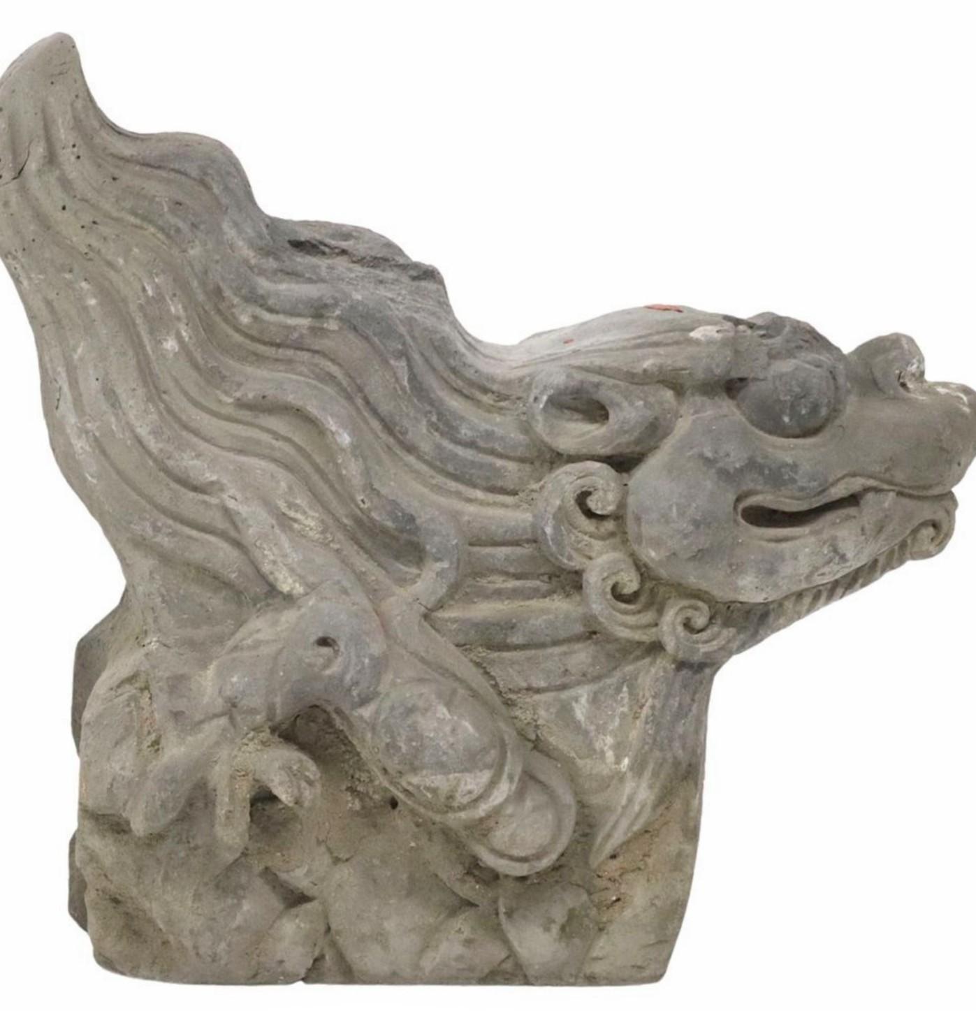 18th Century and Earlier Chinese Ming Dynasty Architectural Terracotta Roof Tile Figure Qilin Foo Dog pr For Sale