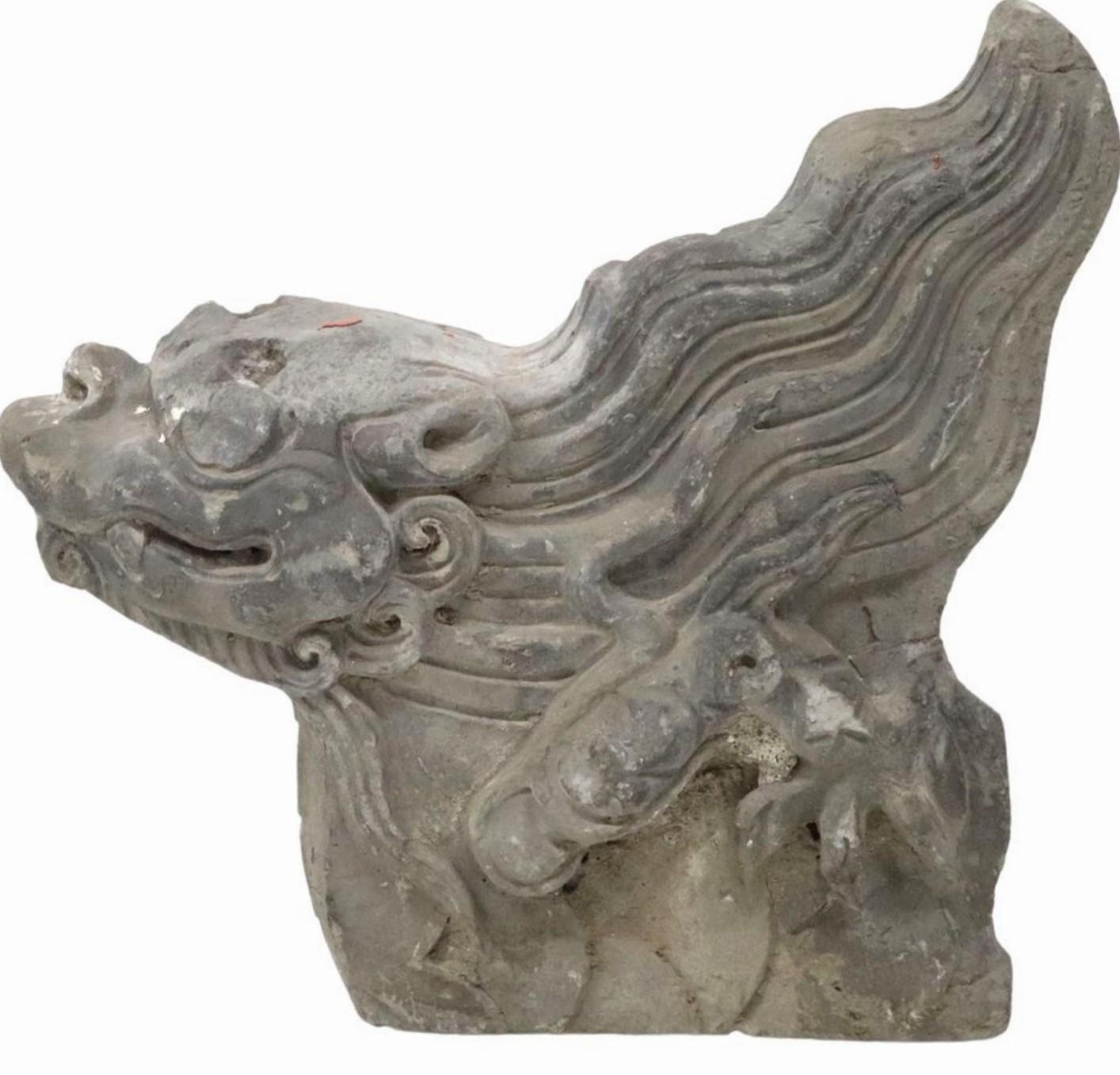 Earthenware Chinese Ming Dynasty Architectural Terracotta Roof Tile Figure Qilin Foo Dog pr For Sale
