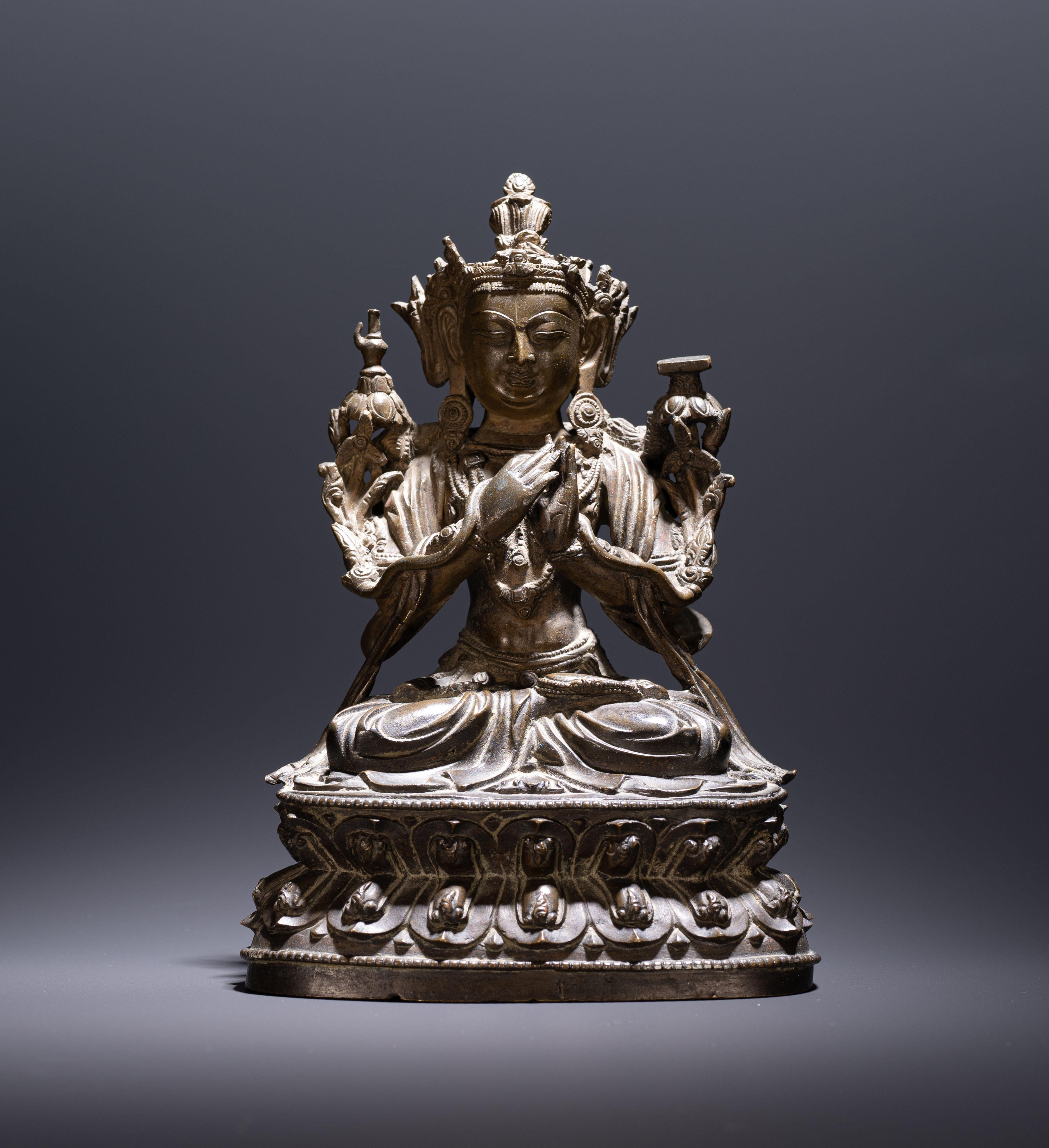 Chinese Ming Dynasty period bronze figure of Bodhisattva of the future - Maitreya.
It is beautifully modeled in fine details typical of high-quality casting done in the Ming dynasty (1368-1644).
The Bodhisattva is seated on a double-lotus base, legs