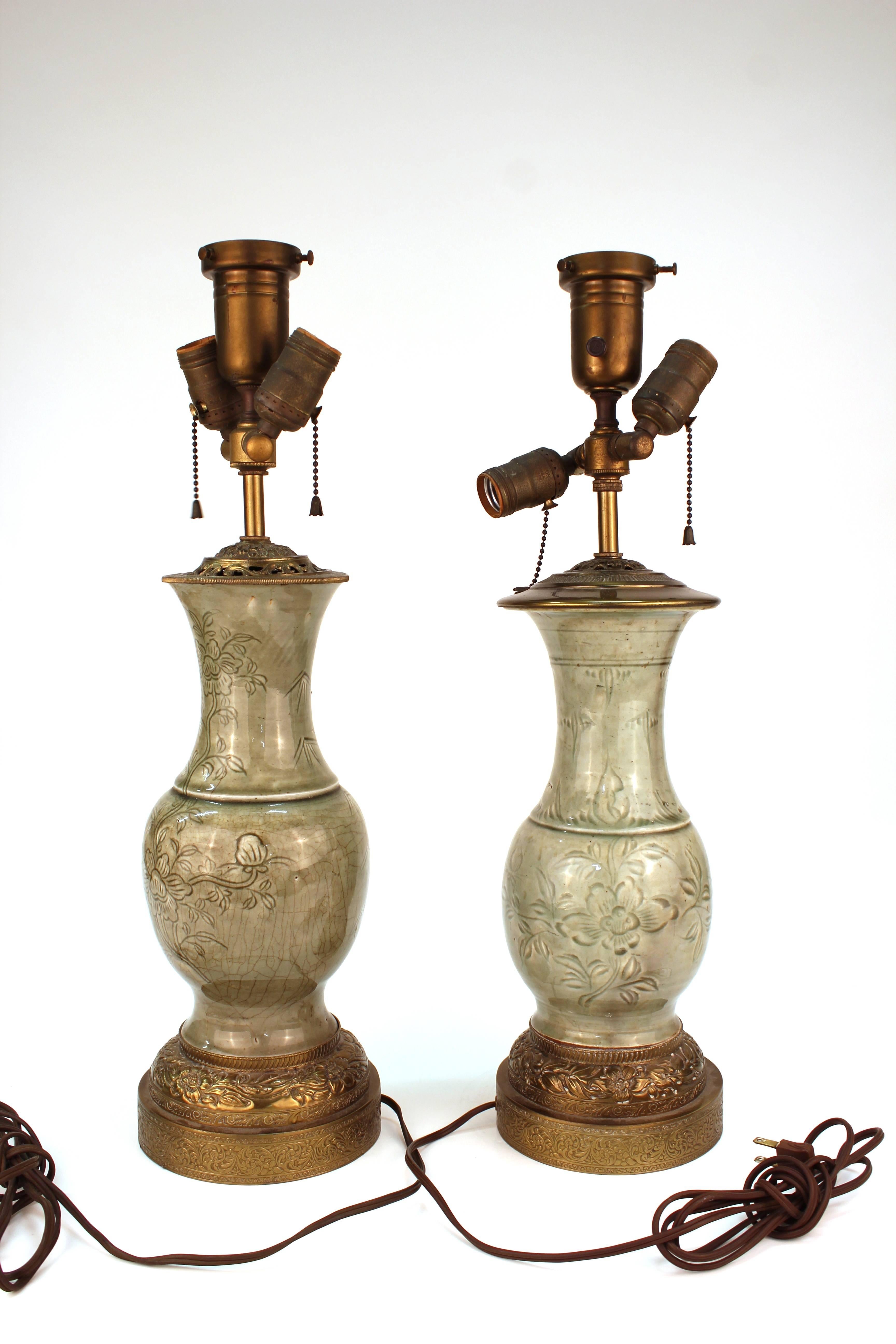 Chinese Ming Dynasty Celadon Porcelain Table Lamps in Shape of Yen Yen Vases In Good Condition In New York, NY