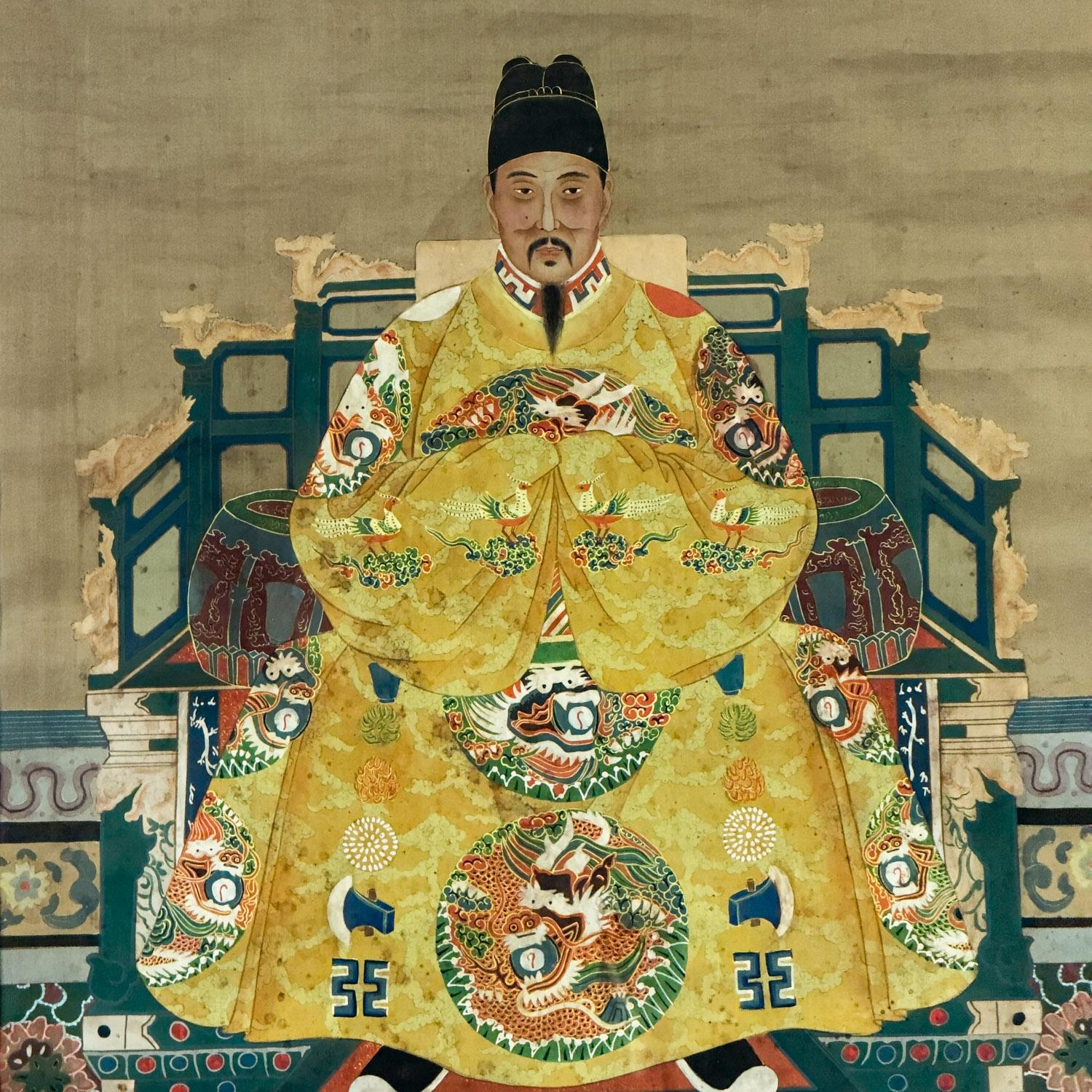 Chinese Ming Dynasty Emperor Yellow Imperial Robe Hand Painted & Framed on Silk For Sale 10
