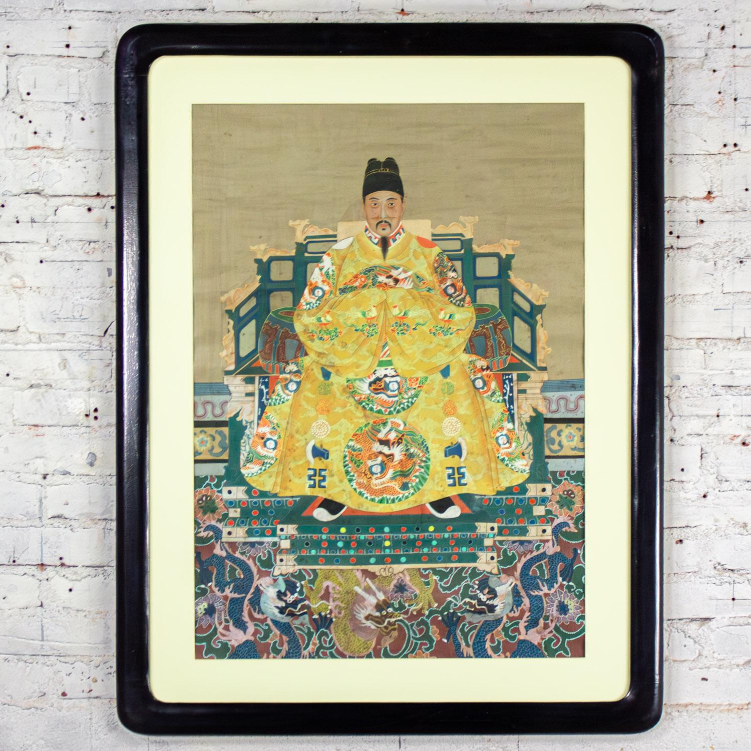 Magnificent vintage Chinese Ming Dynasty Emperor portrait wearing a yellow Imperial robe w/ dragons & phoenix, & symbols hand painted on silk matted & framed in black lacquered wood frame. Beautiful condition, keeping in mind that this is vintage