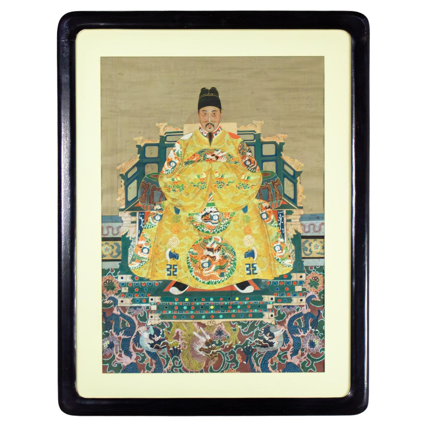 Chinese Ming Dynasty Emperor Yellow Imperial Robe Hand Painted & Framed on Silk For Sale