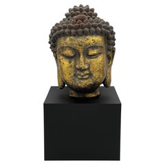 Antique Chinese Ming Dynasty Gilt Iron Head of Buddha, Ca. 17th Century