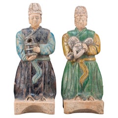 Antique Chinese Ming Dynasty Glazed Pottery Attendants