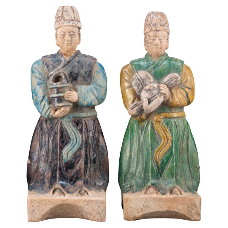 Chinese Ming Dynasty Glazed Pottery Attendants For Sale