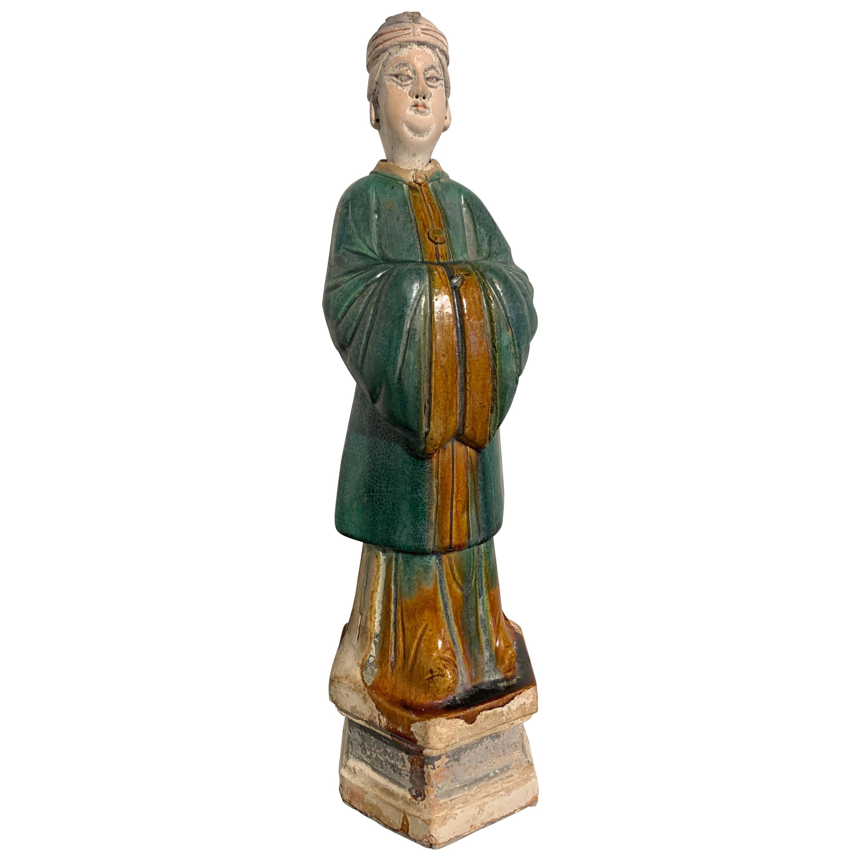 Chinese Ming Dynasty Glazed Tall Attendant Figure, 16th-17th Century, China