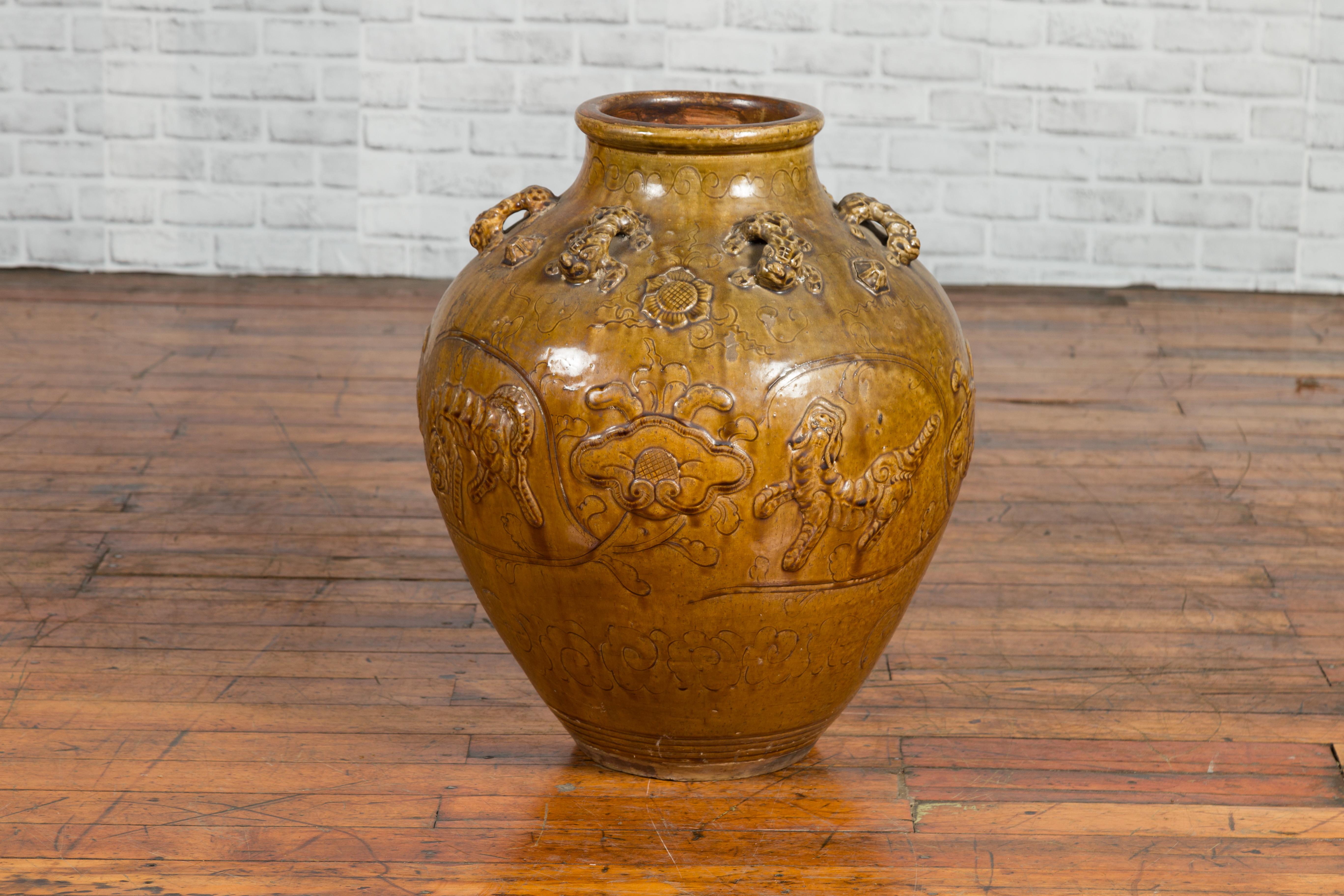 Chinese Ming Dynasty Golden Brown Glazed Martaban Water Jar with Tiger Motifs For Sale 2