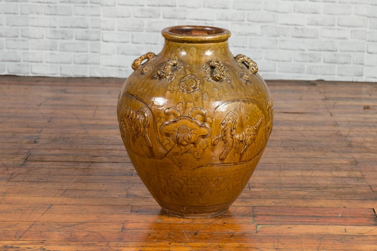 Chinese Ming Dynasty Golden Brown Glazed Martaban Water Jar with Tiger Motifs For Sale 5