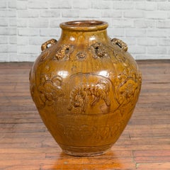 Ming Dynasty Period Golden Brown Glazed Martaban Water Jar with Tiger Motifs