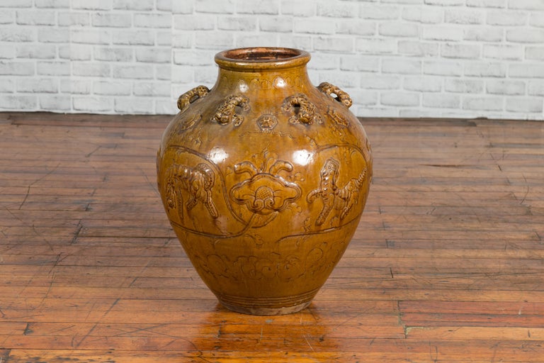18th Century and Earlier Chinese Ming Dynasty Golden Brown Glazed Martaban Water Jar with Tiger Motifs For Sale