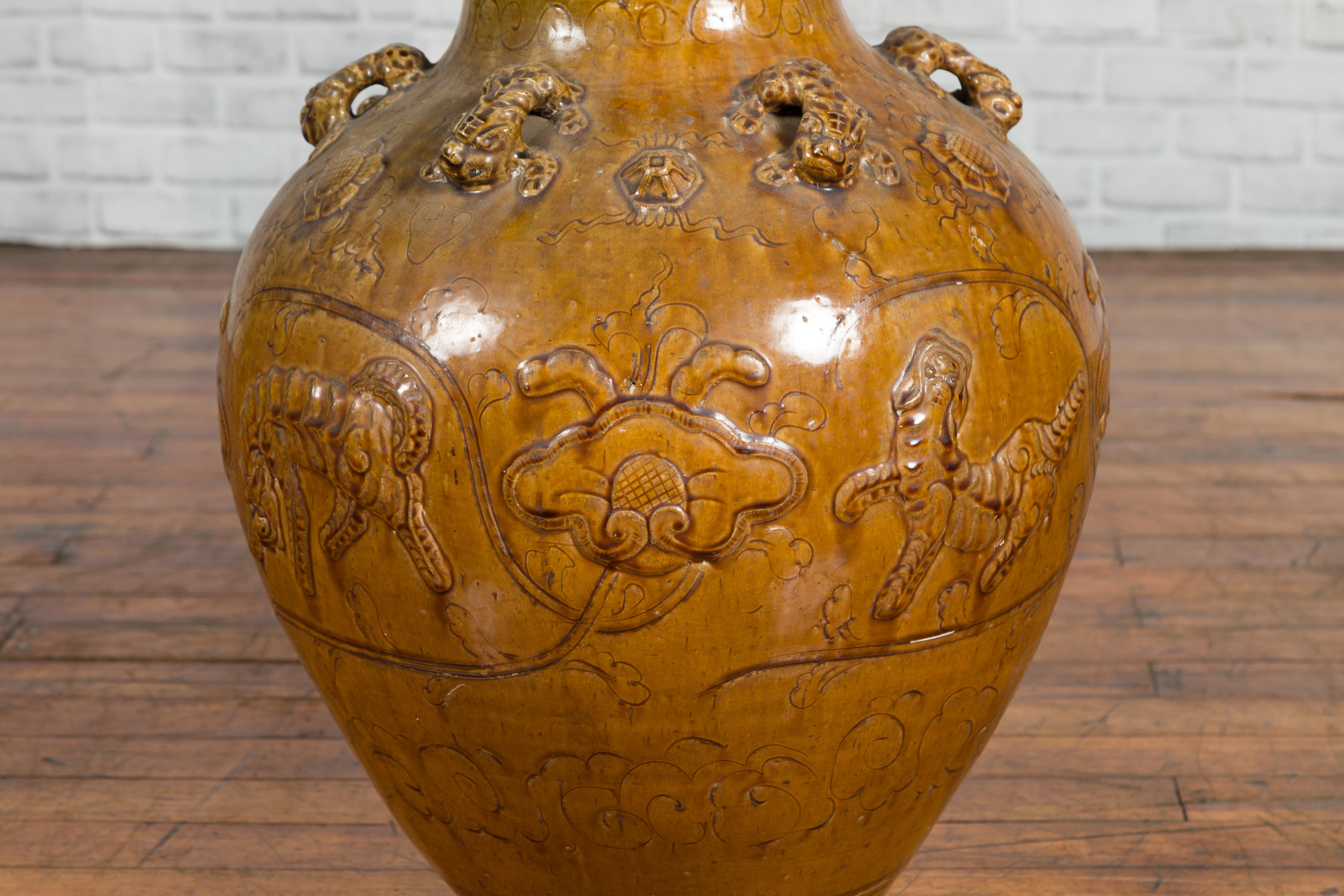 Chinese Ming Dynasty Golden Brown Glazed Martaban Water Jar with Tiger Motifs In Good Condition For Sale In Yonkers, NY