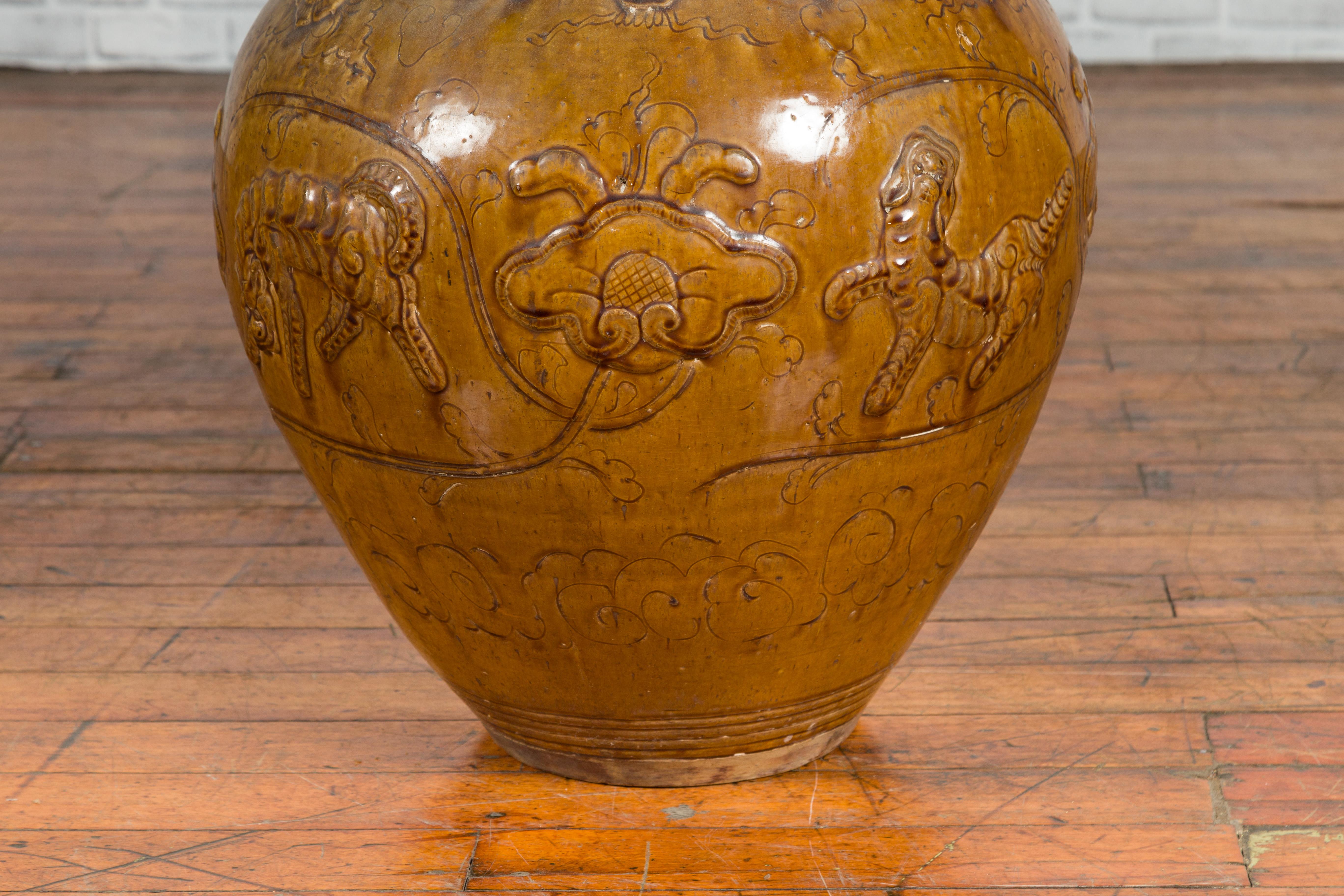 18th Century and Earlier Chinese Ming Dynasty Golden Brown Glazed Martaban Water Jar with Tiger Motifs For Sale