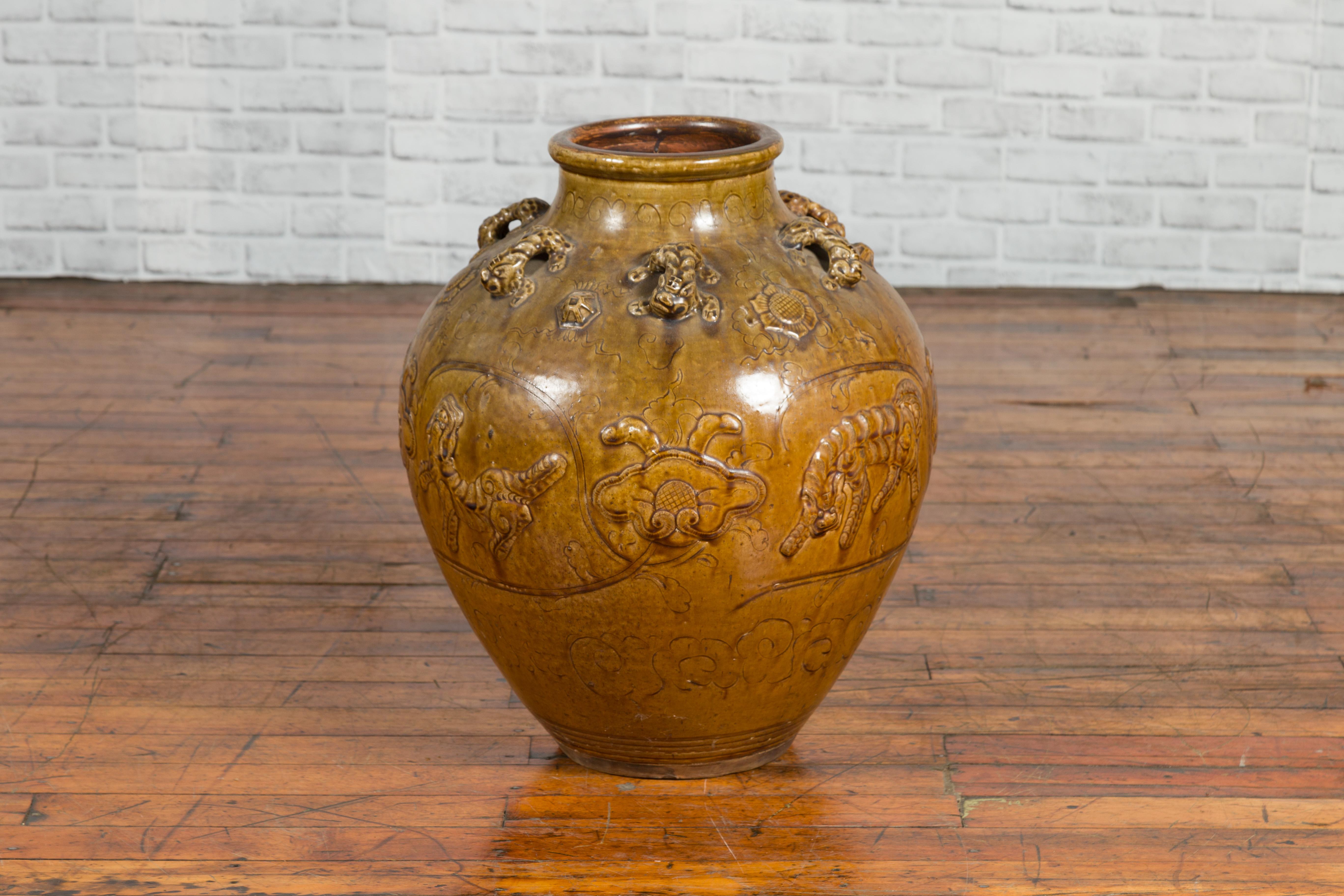 Chinese Ming Dynasty Golden Brown Glazed Martaban Water Jar with Tiger Motifs For Sale 1