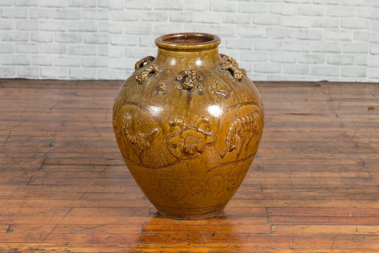 Chinese Ming Dynasty Golden Brown Glazed Martaban Water Jar with Tiger Motifs For Sale 4