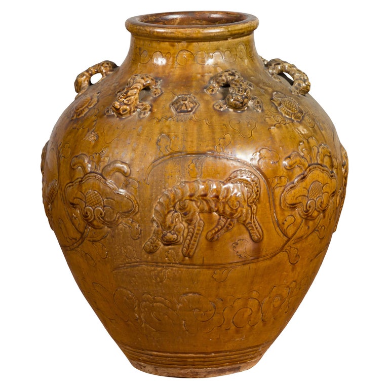 Chinese Ming Dynasty Golden Brown Glazed Martaban Water Jar with Tiger Motifs For Sale